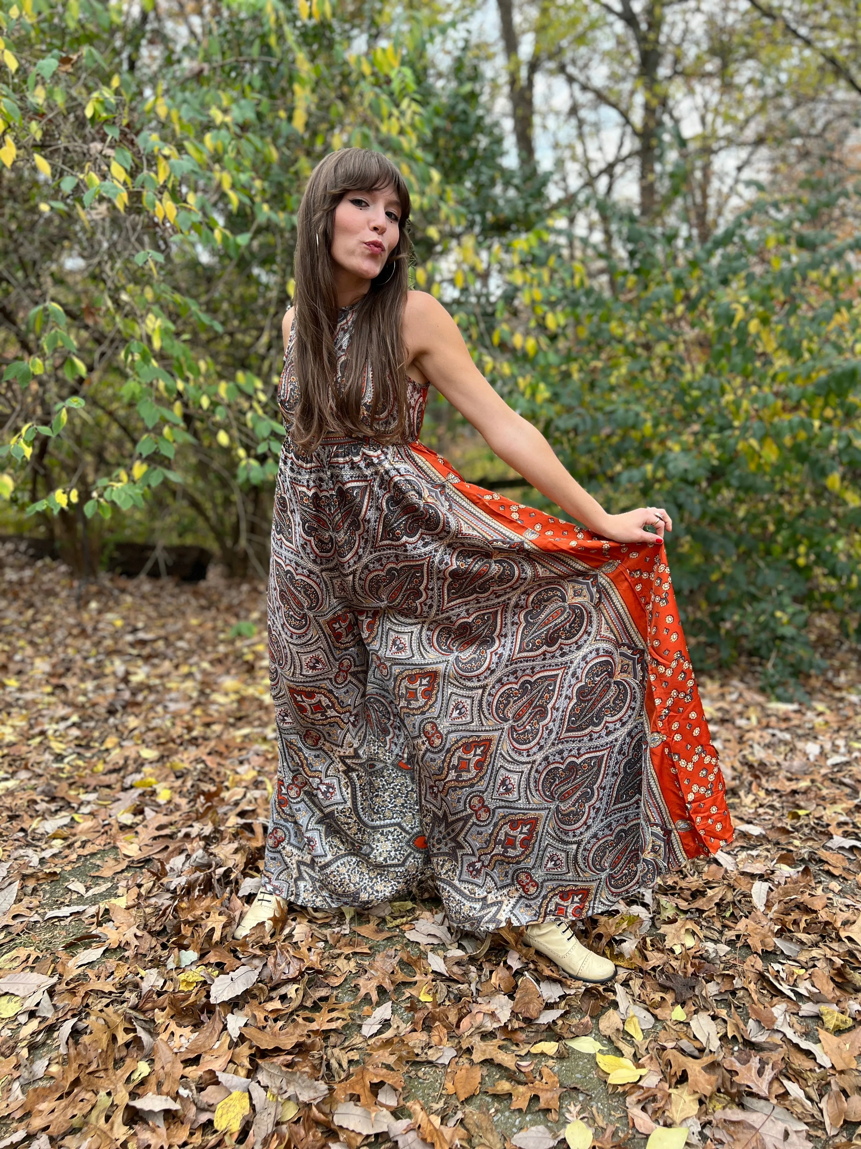 60s Vintage Gray Brown Paisley Wide Leg Jumpsuit, Denise L.