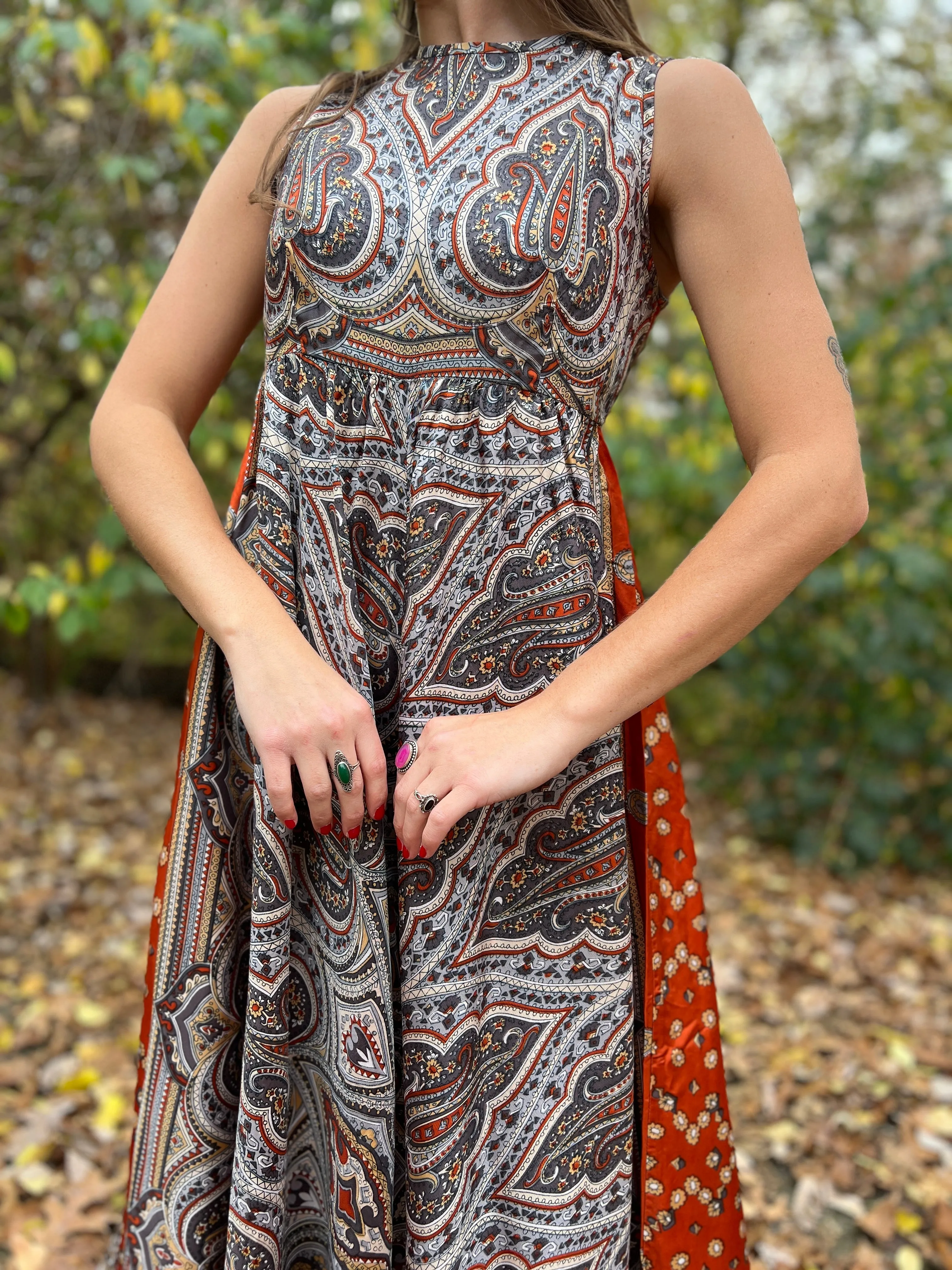 60s Vintage Gray Brown Paisley Wide Leg Jumpsuit, Denise L.