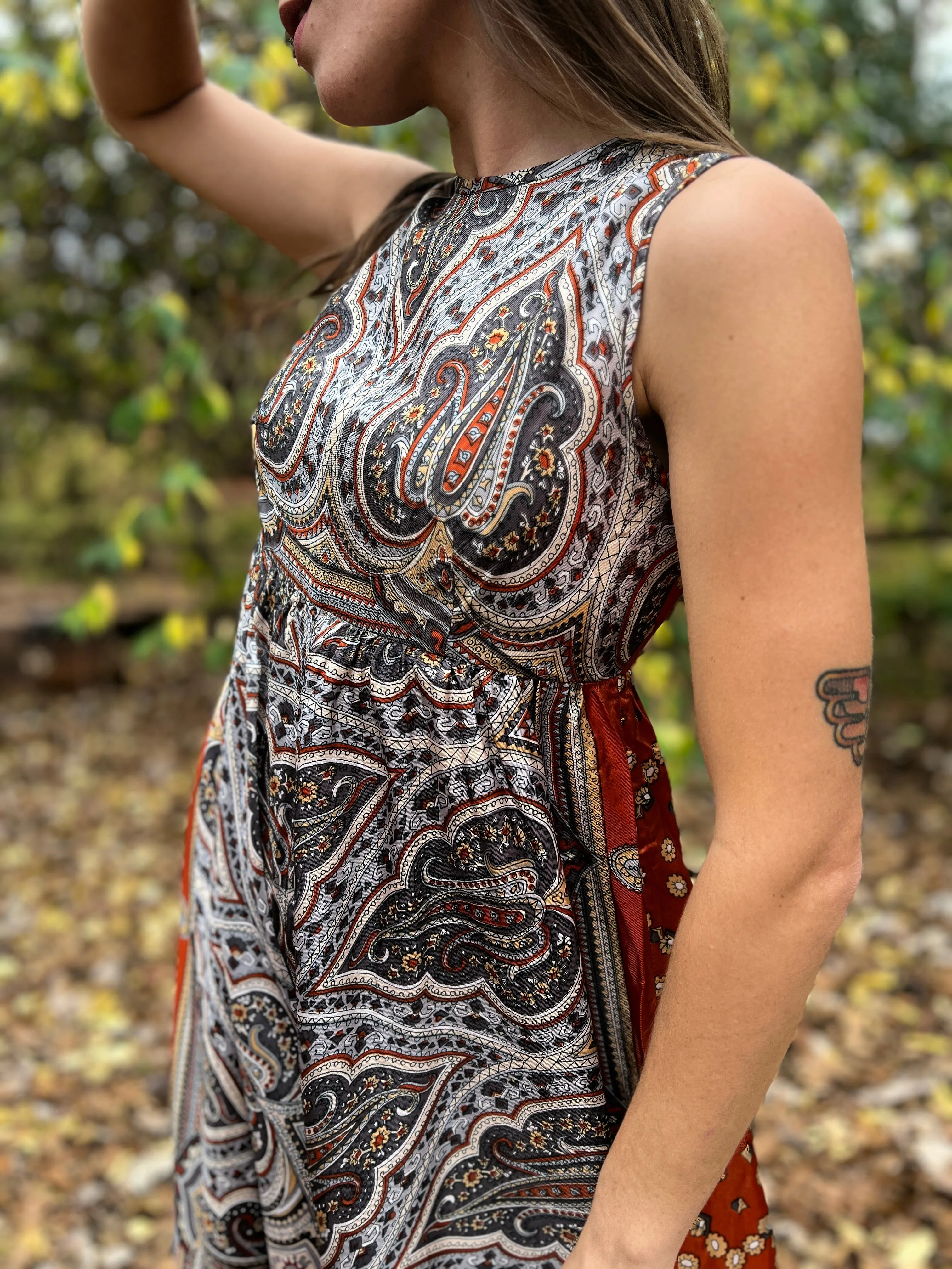 60s Vintage Gray Brown Paisley Wide Leg Jumpsuit, Denise L.