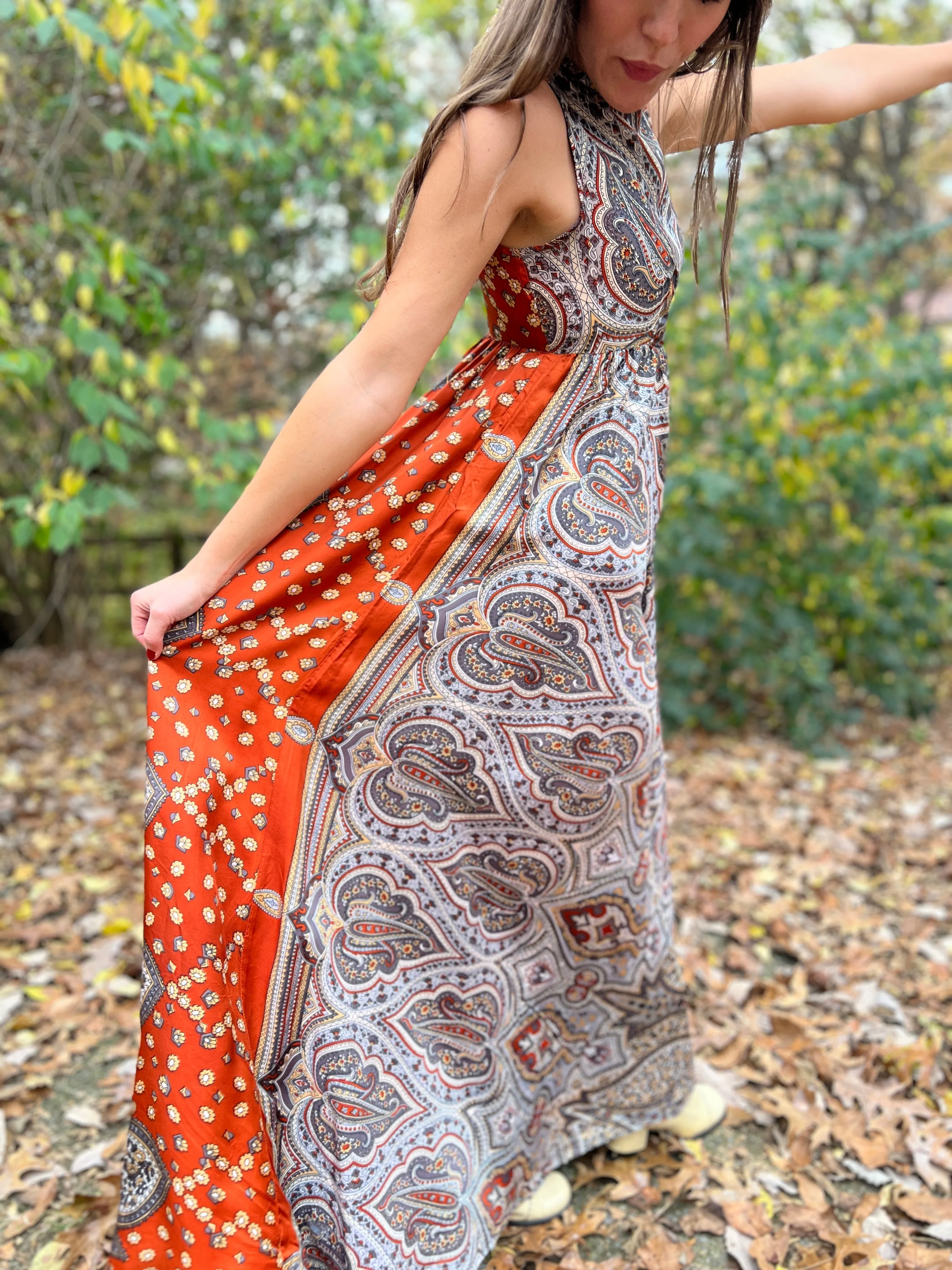 60s Vintage Gray Brown Paisley Wide Leg Jumpsuit, Denise L.