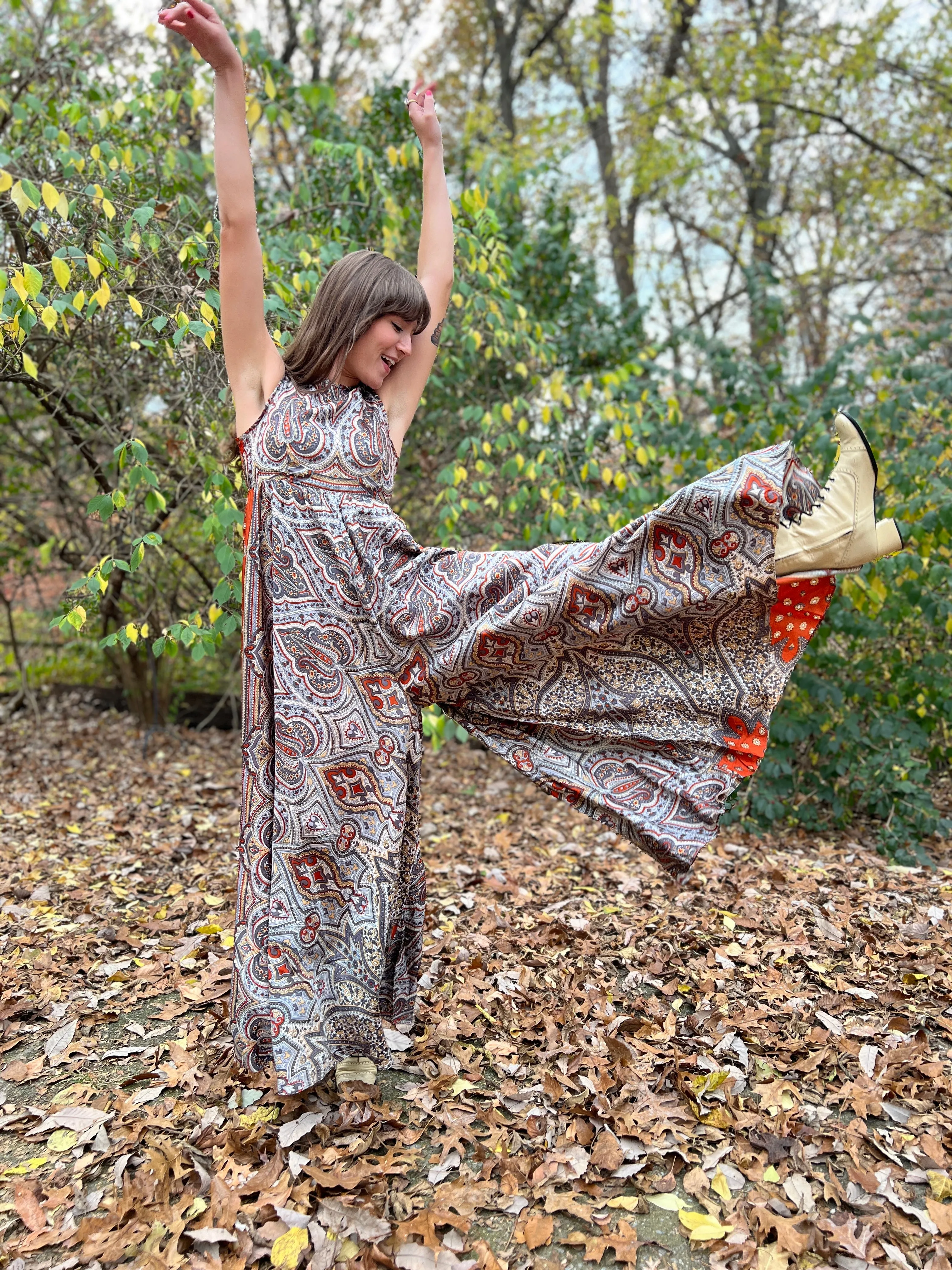 60s Vintage Gray Brown Paisley Wide Leg Jumpsuit, Denise L.