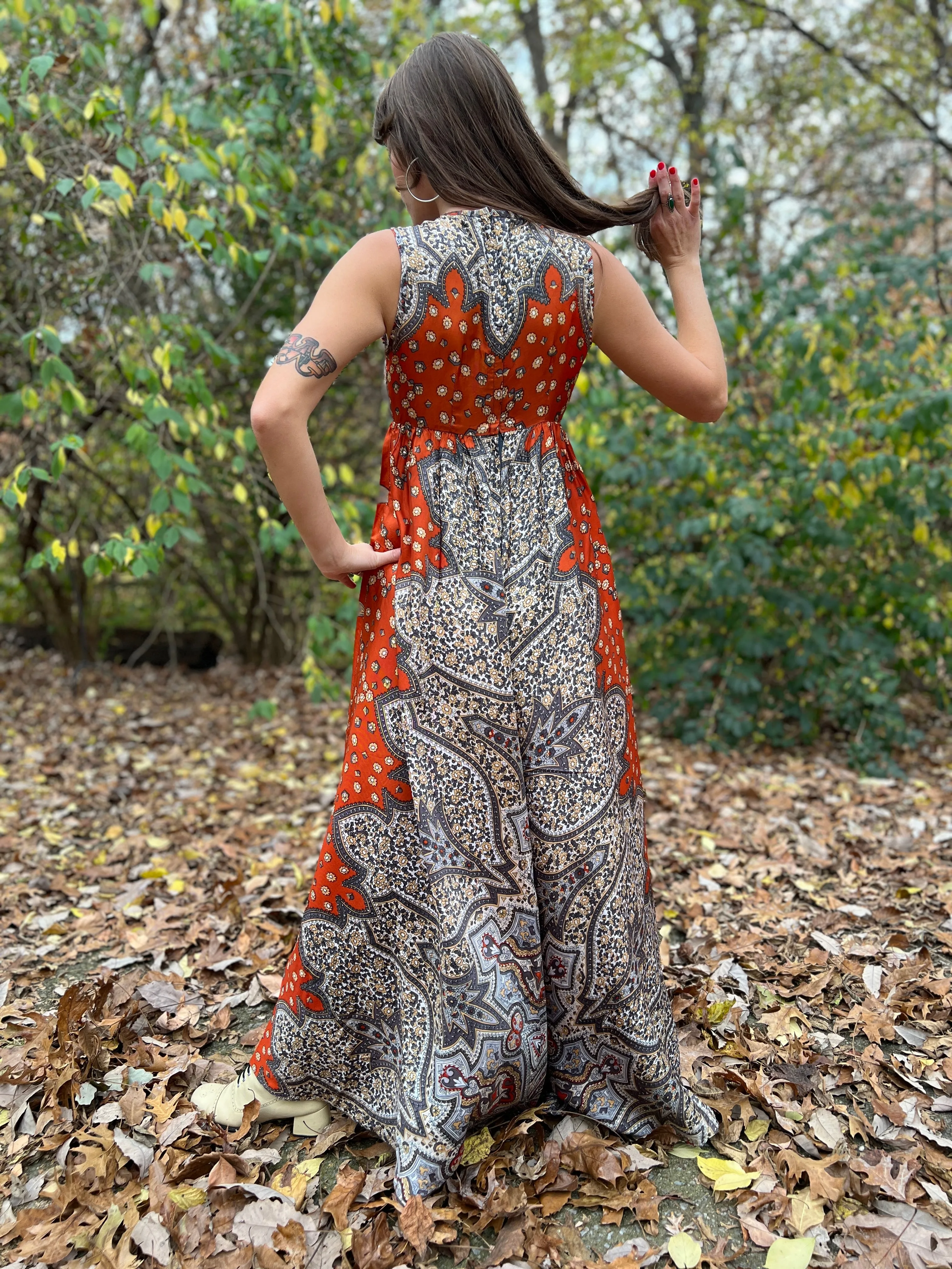 60s Vintage Gray Brown Paisley Wide Leg Jumpsuit, Denise L.