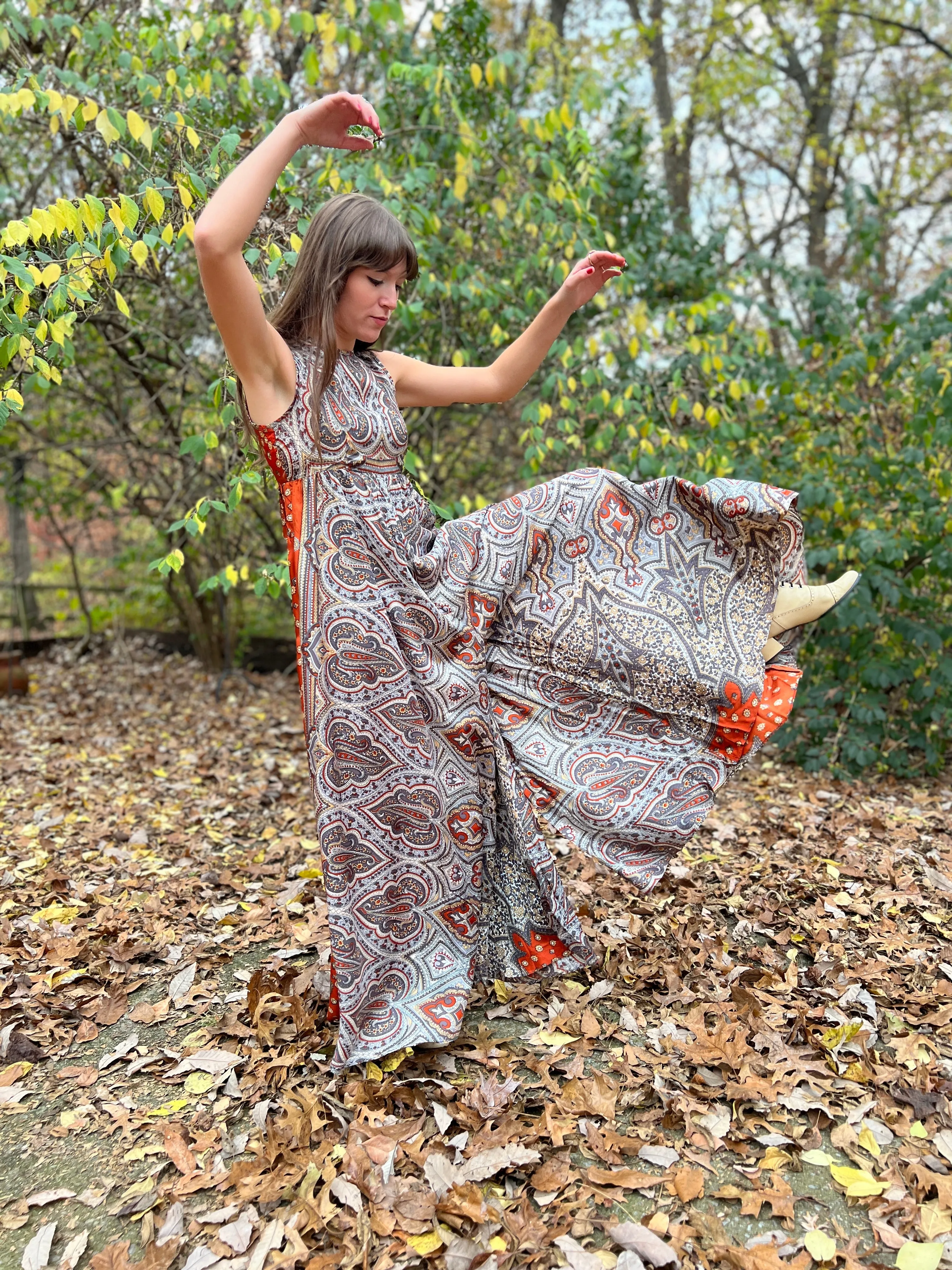 60s Vintage Gray Brown Paisley Wide Leg Jumpsuit, Denise L.