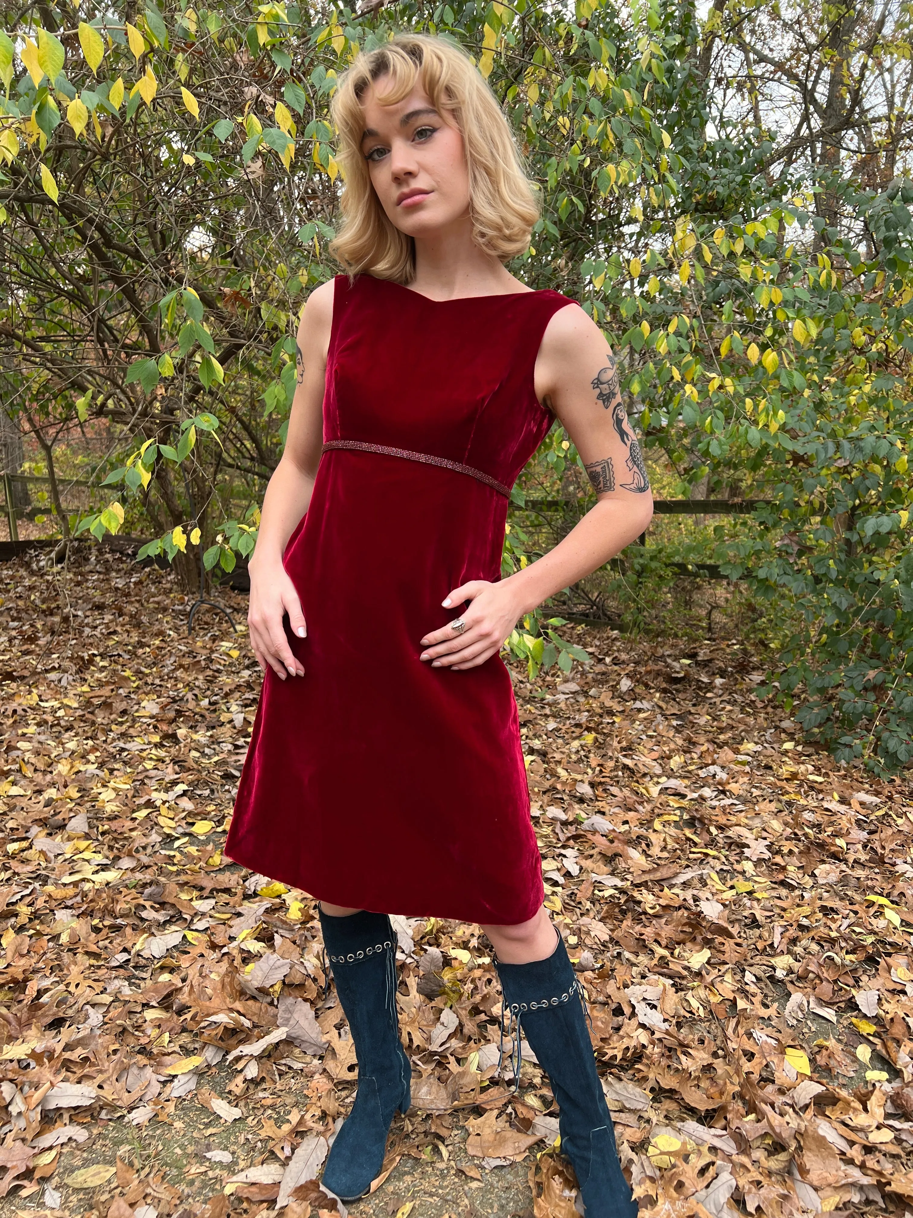 60s Vintage Red Velvet Dress with Beading, Saks Fifth Avenue