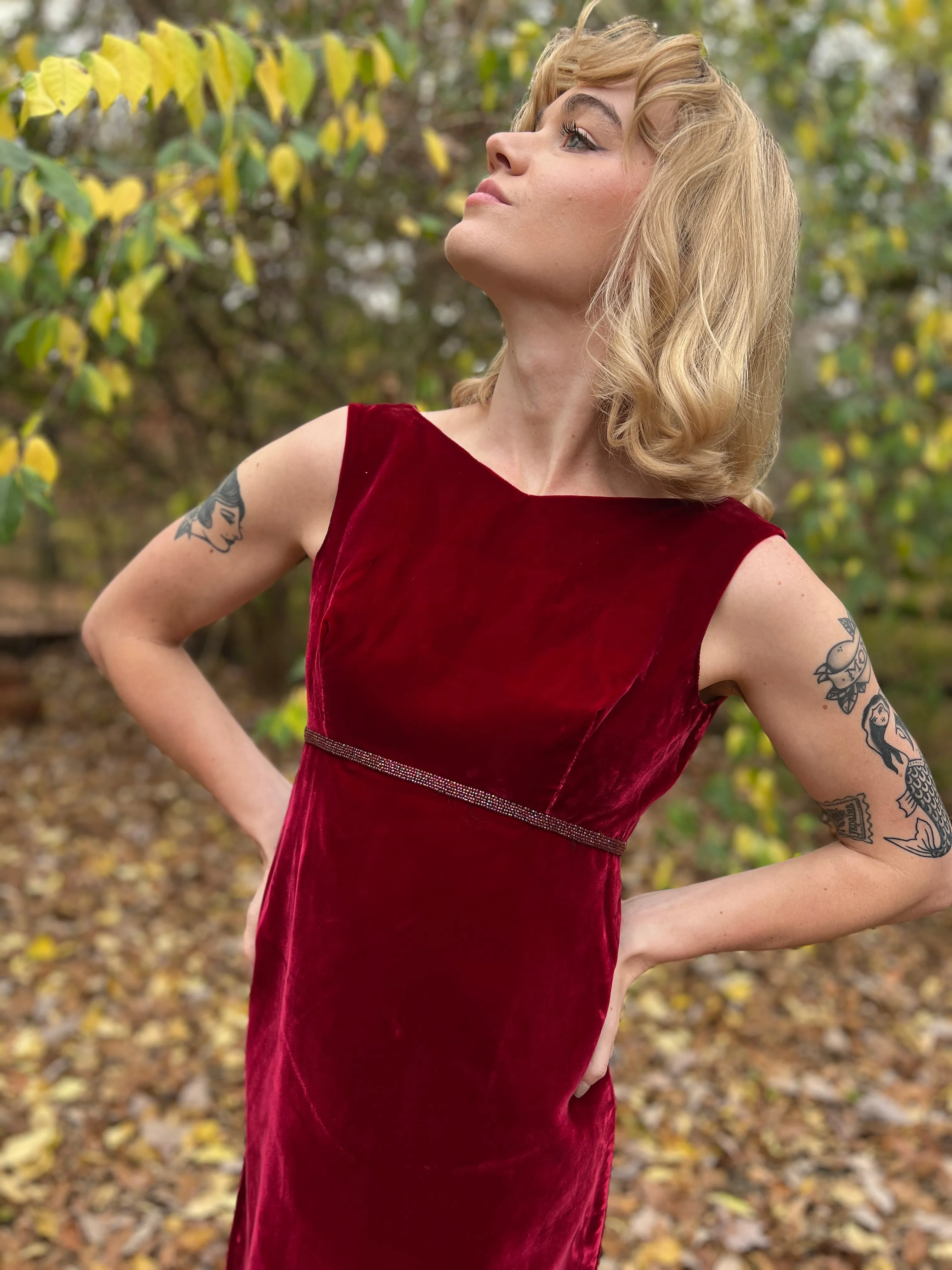 60s Vintage Red Velvet Dress with Beading, Saks Fifth Avenue