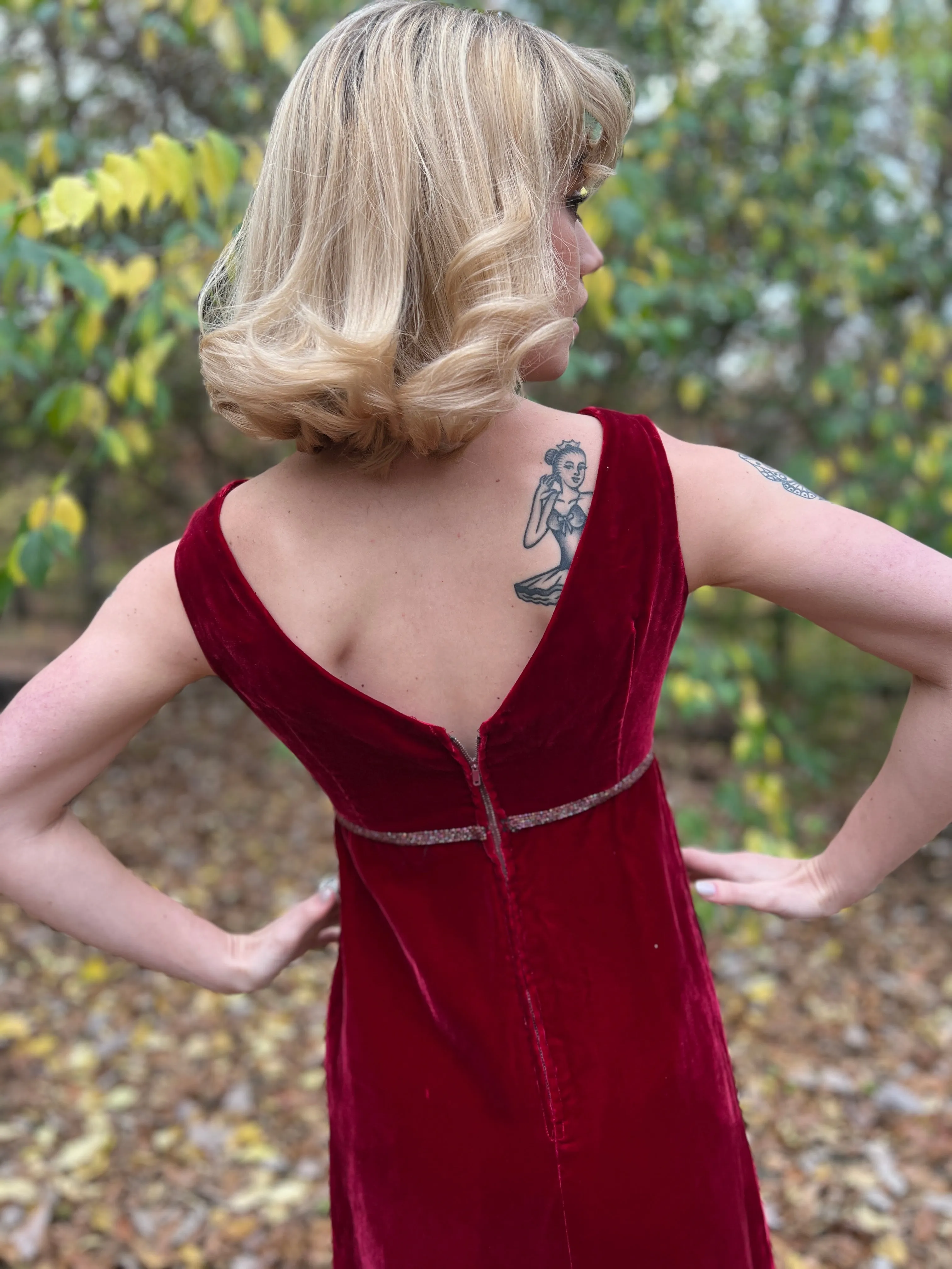 60s Vintage Red Velvet Dress with Beading, Saks Fifth Avenue