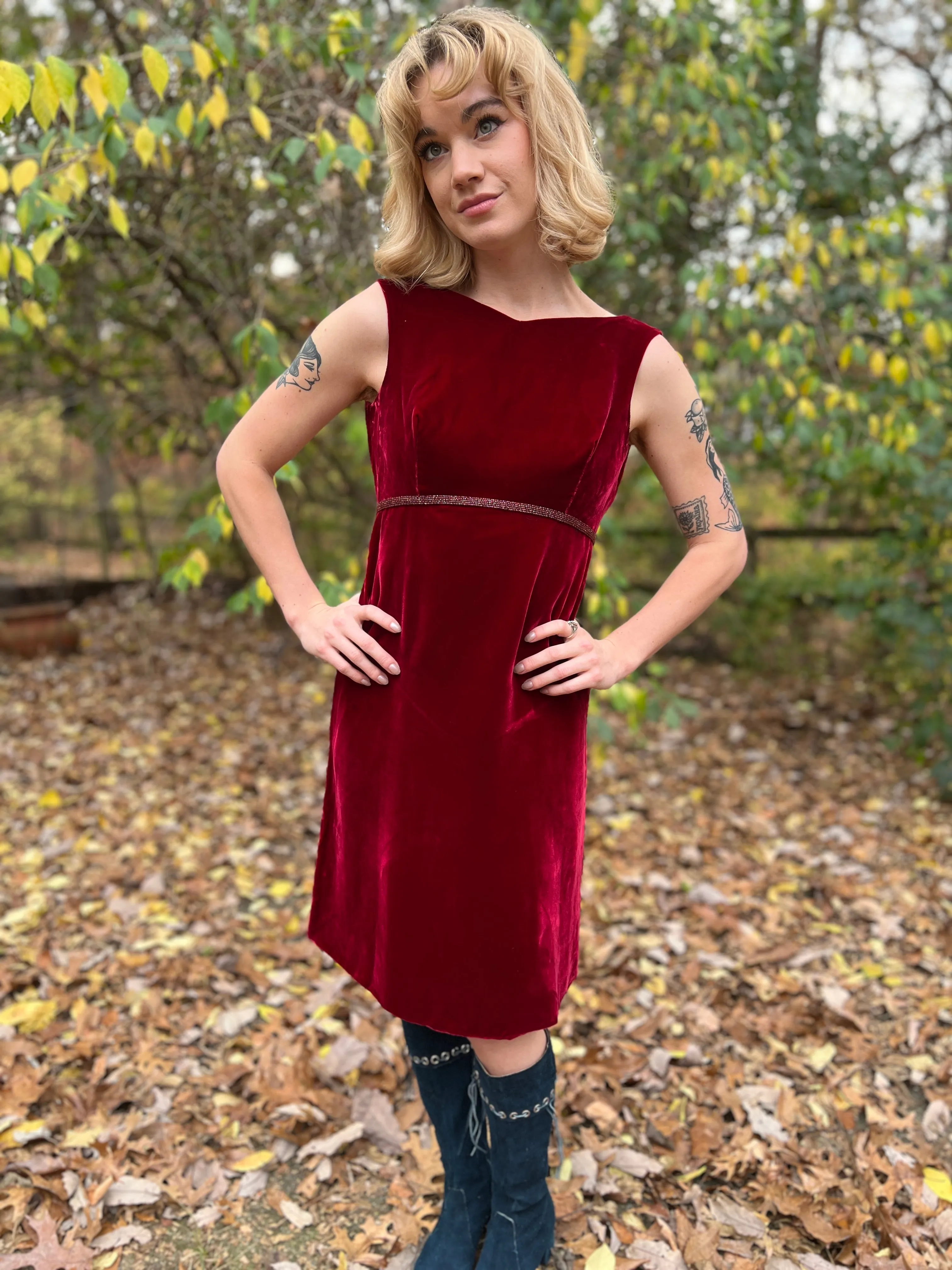 60s Vintage Red Velvet Dress with Beading, Saks Fifth Avenue
