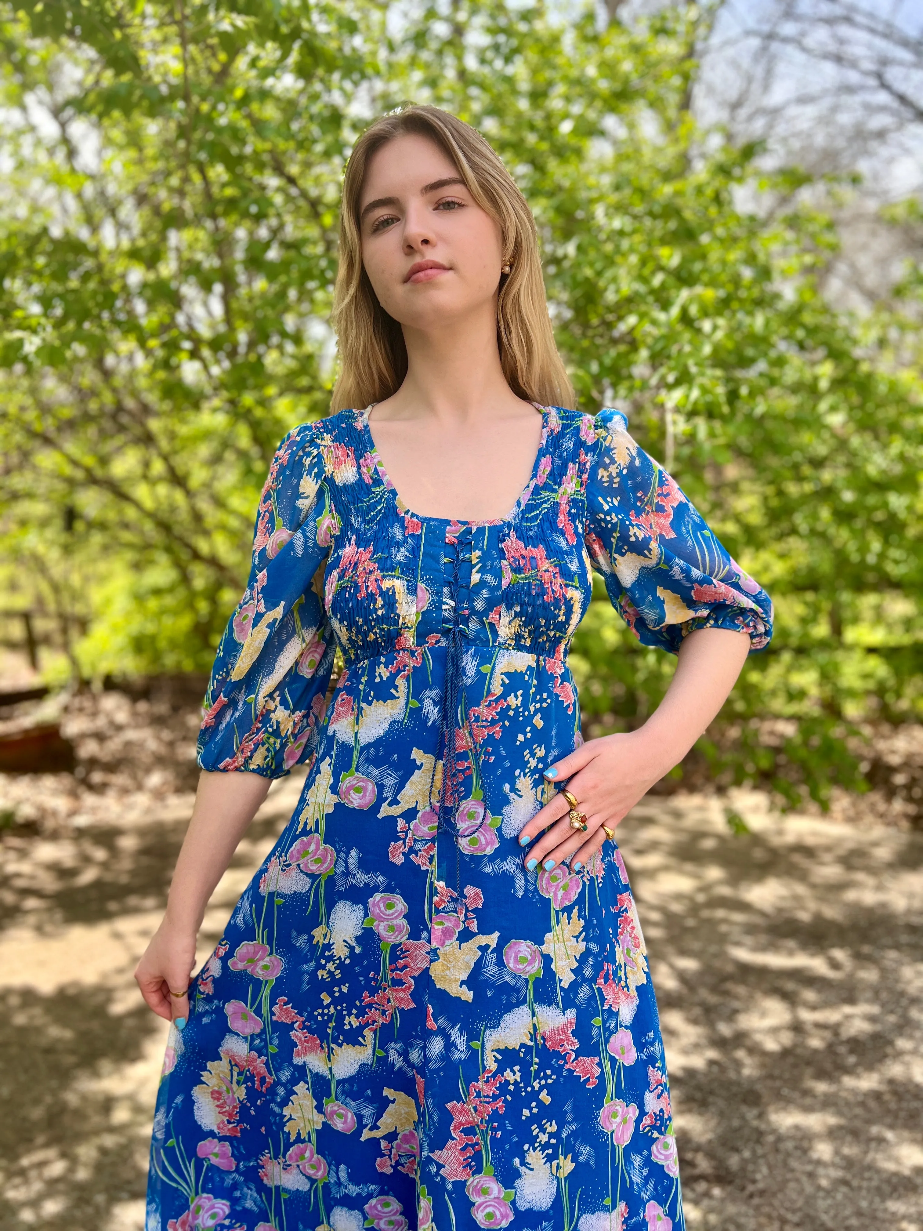 70s Blue Pink Floral Vintage Maxi Dress, Jody T of California