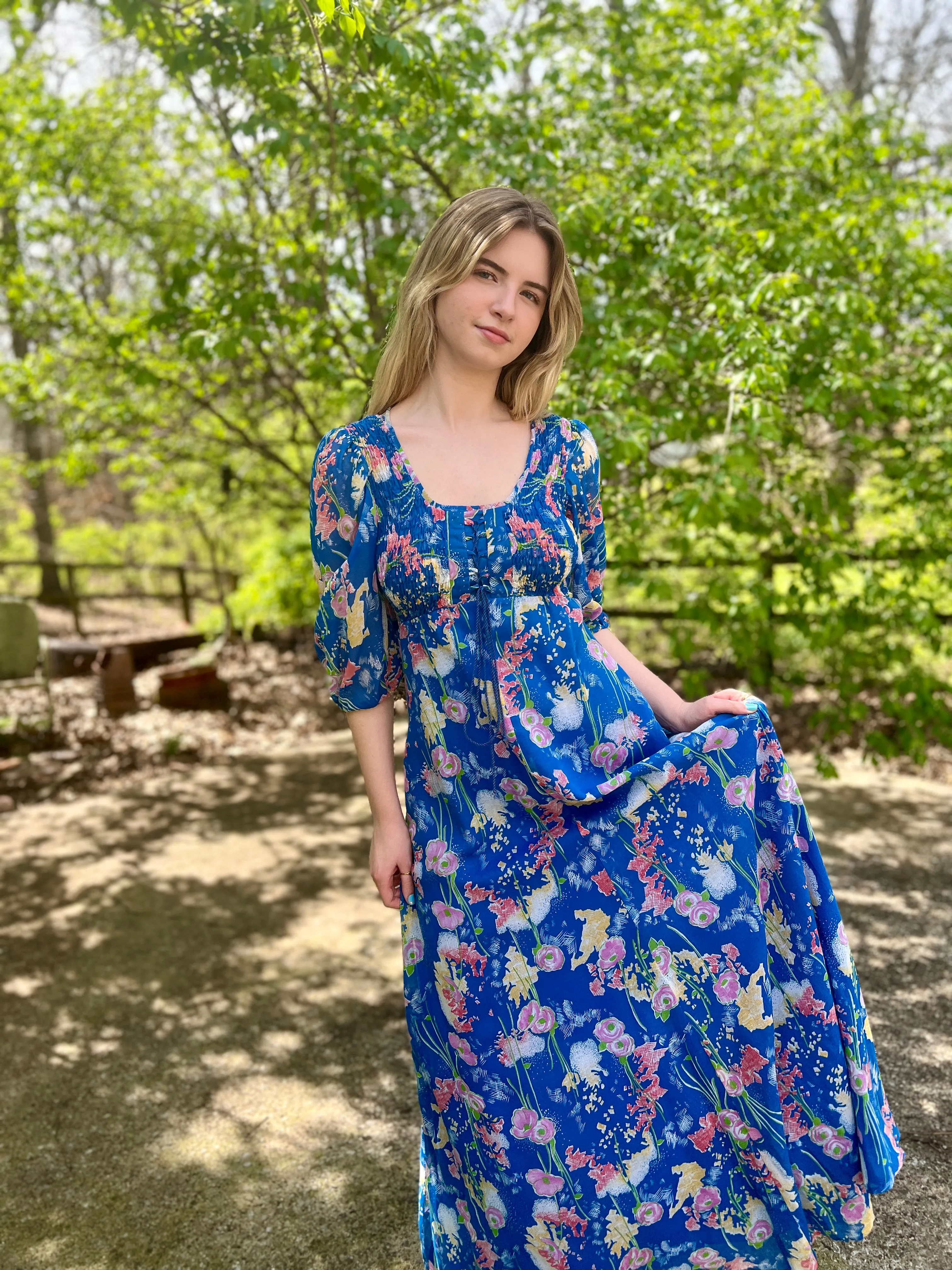 70s Blue Pink Floral Vintage Maxi Dress, Jody T of California