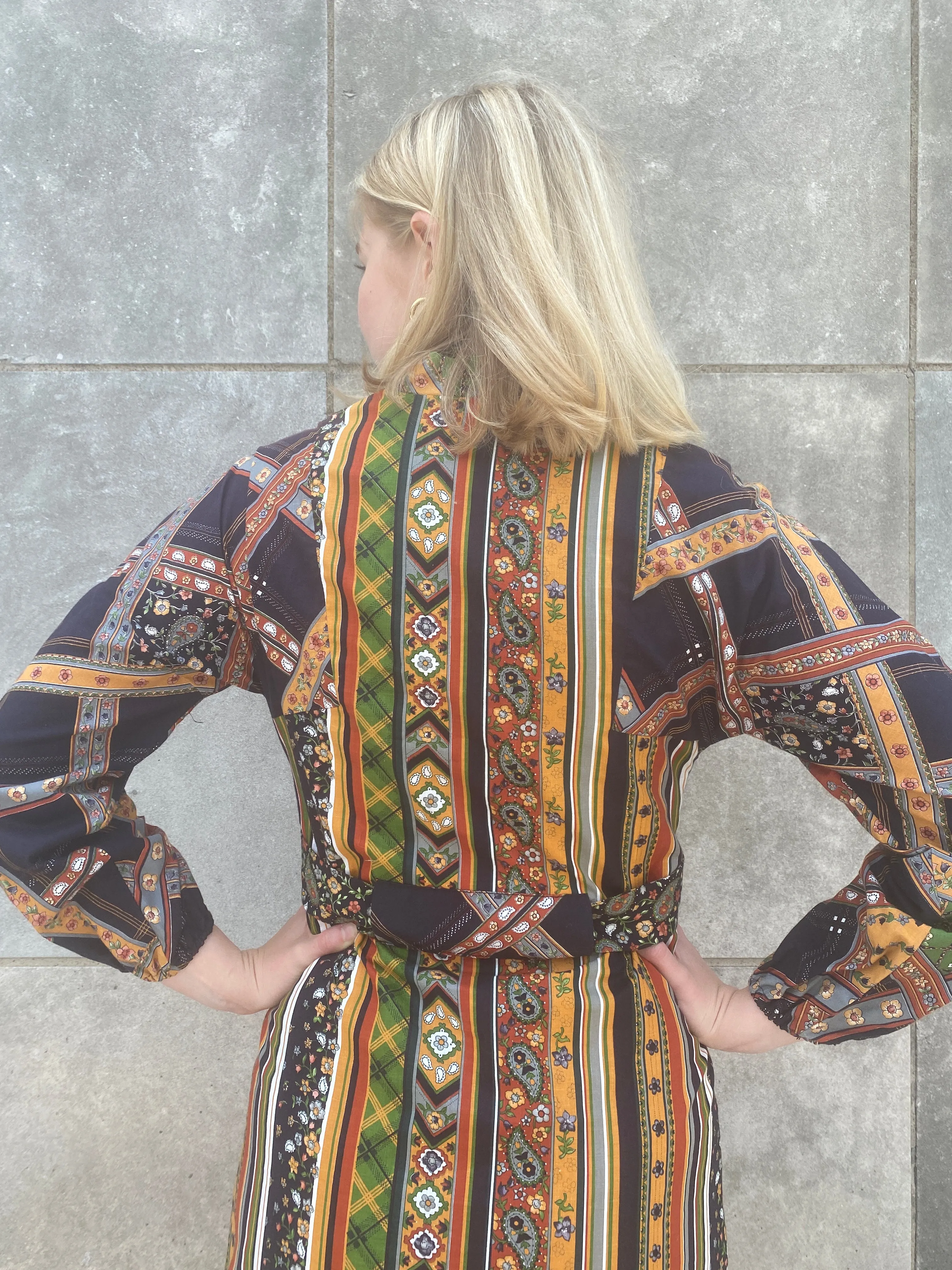 70s Brown Paisley Striped Cotton Dress, EnC Jr.