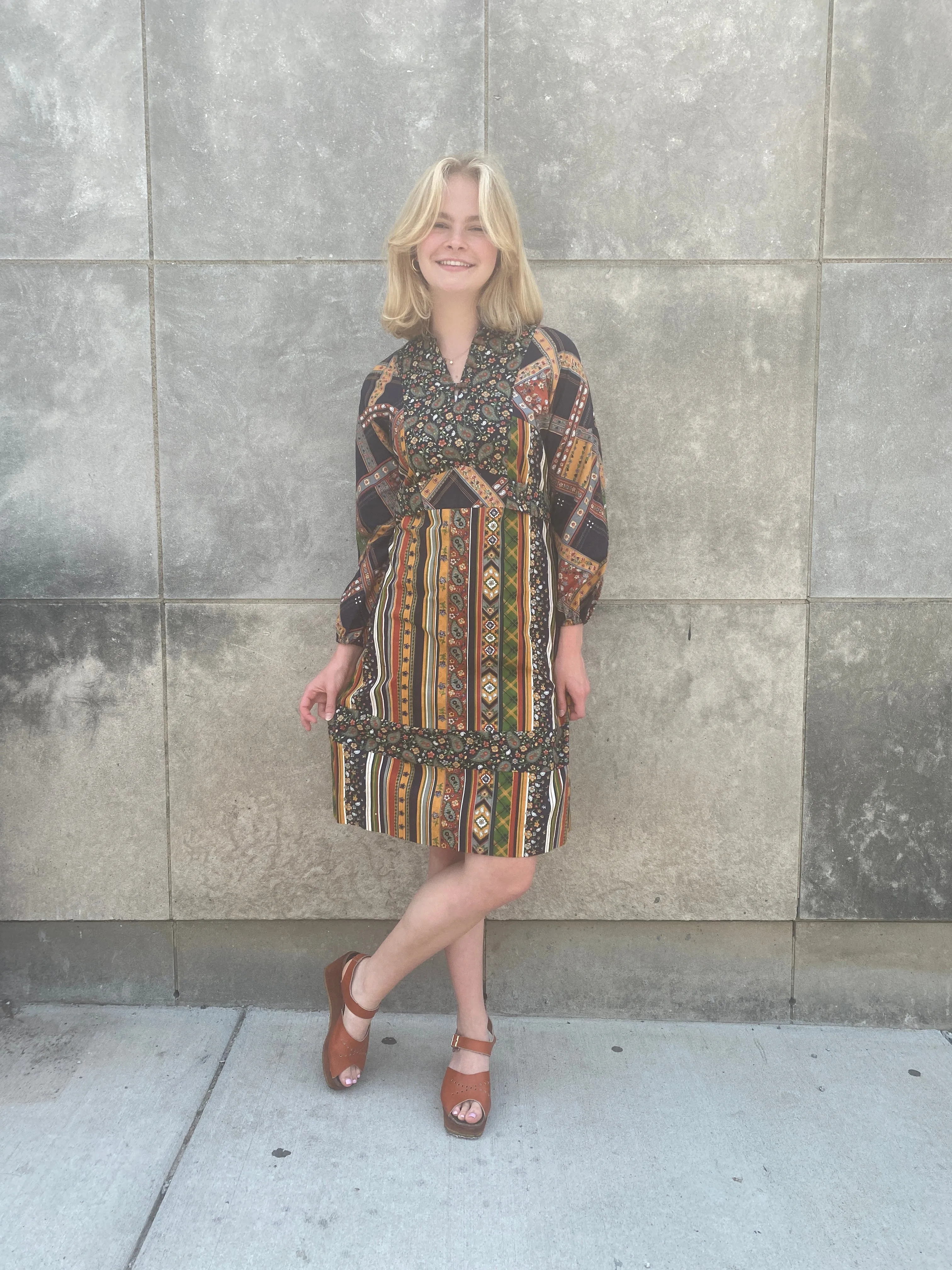 70s Brown Paisley Striped Cotton Dress, EnC Jr.