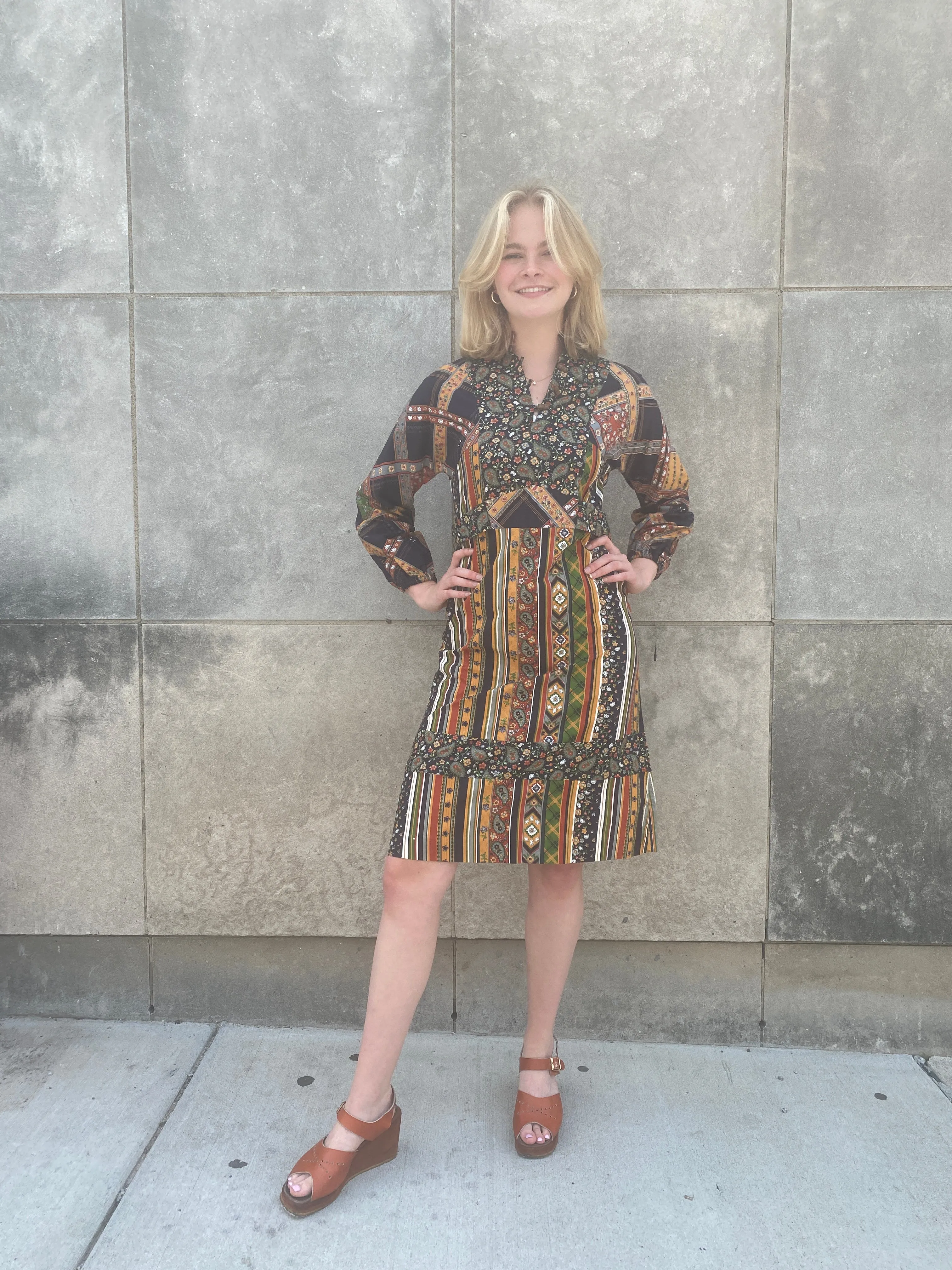 70s Brown Paisley Striped Cotton Dress, EnC Jr.