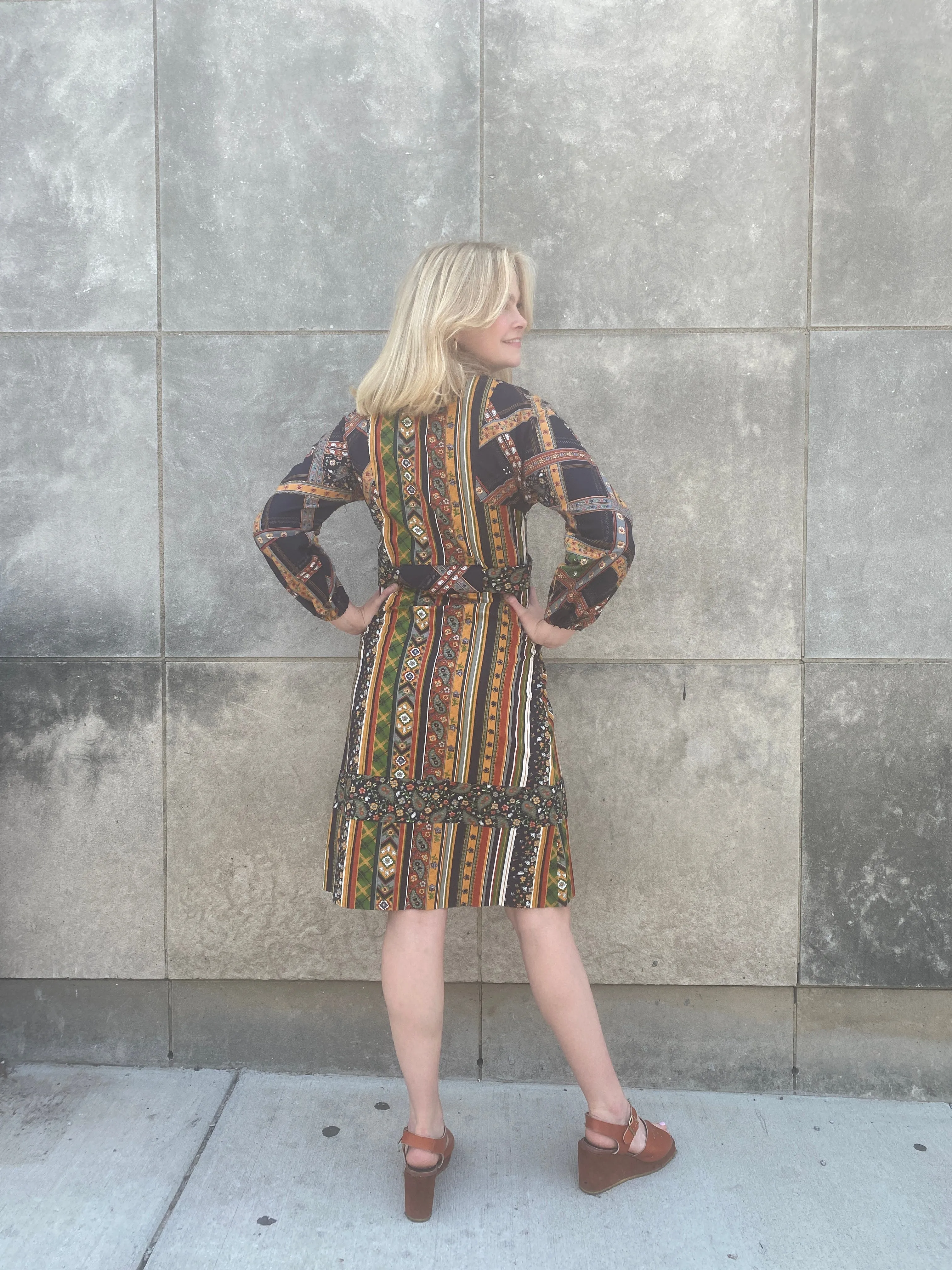 70s Brown Paisley Striped Cotton Dress, EnC Jr.