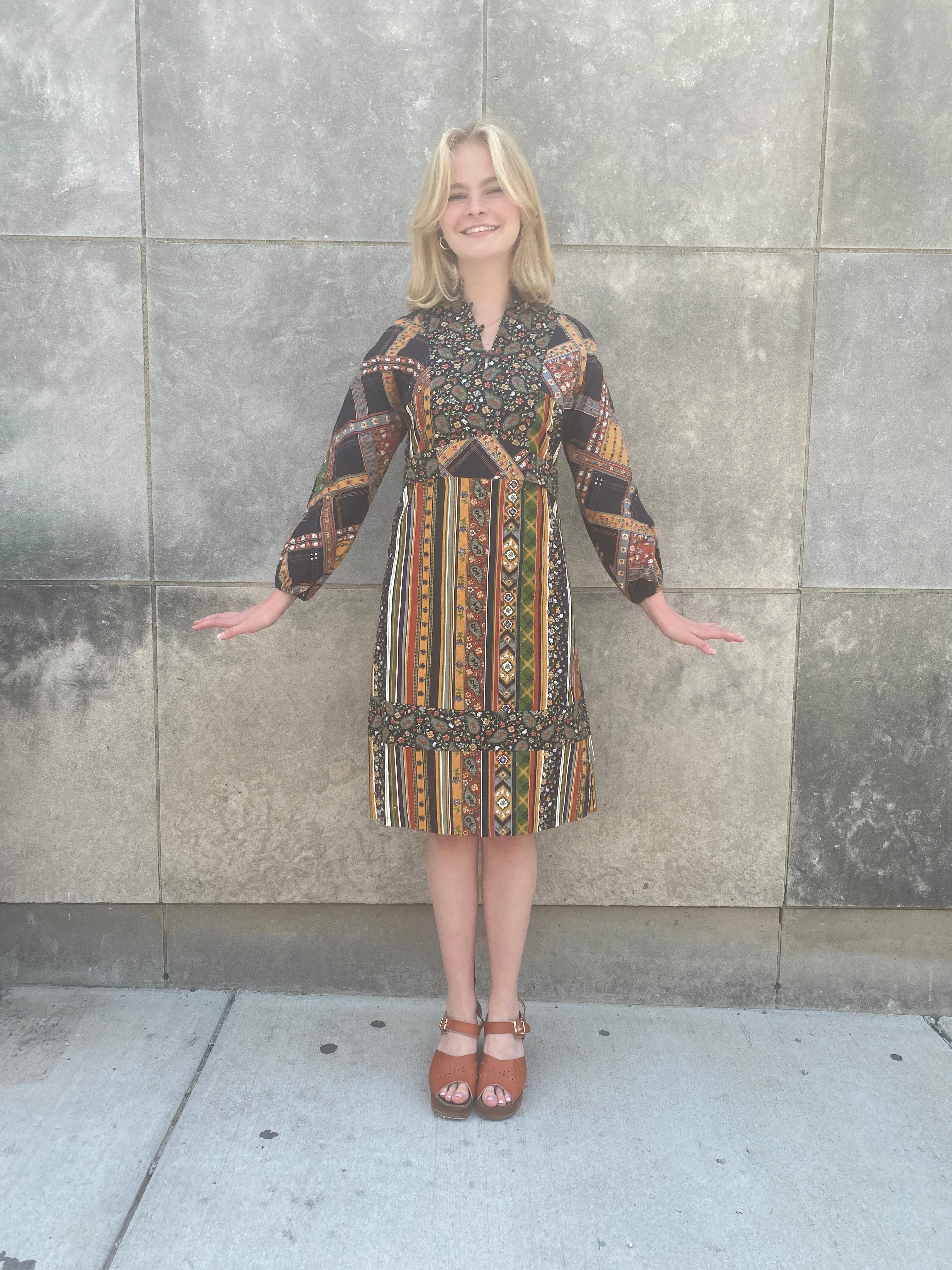 70s Brown Paisley Striped Cotton Dress, EnC Jr.