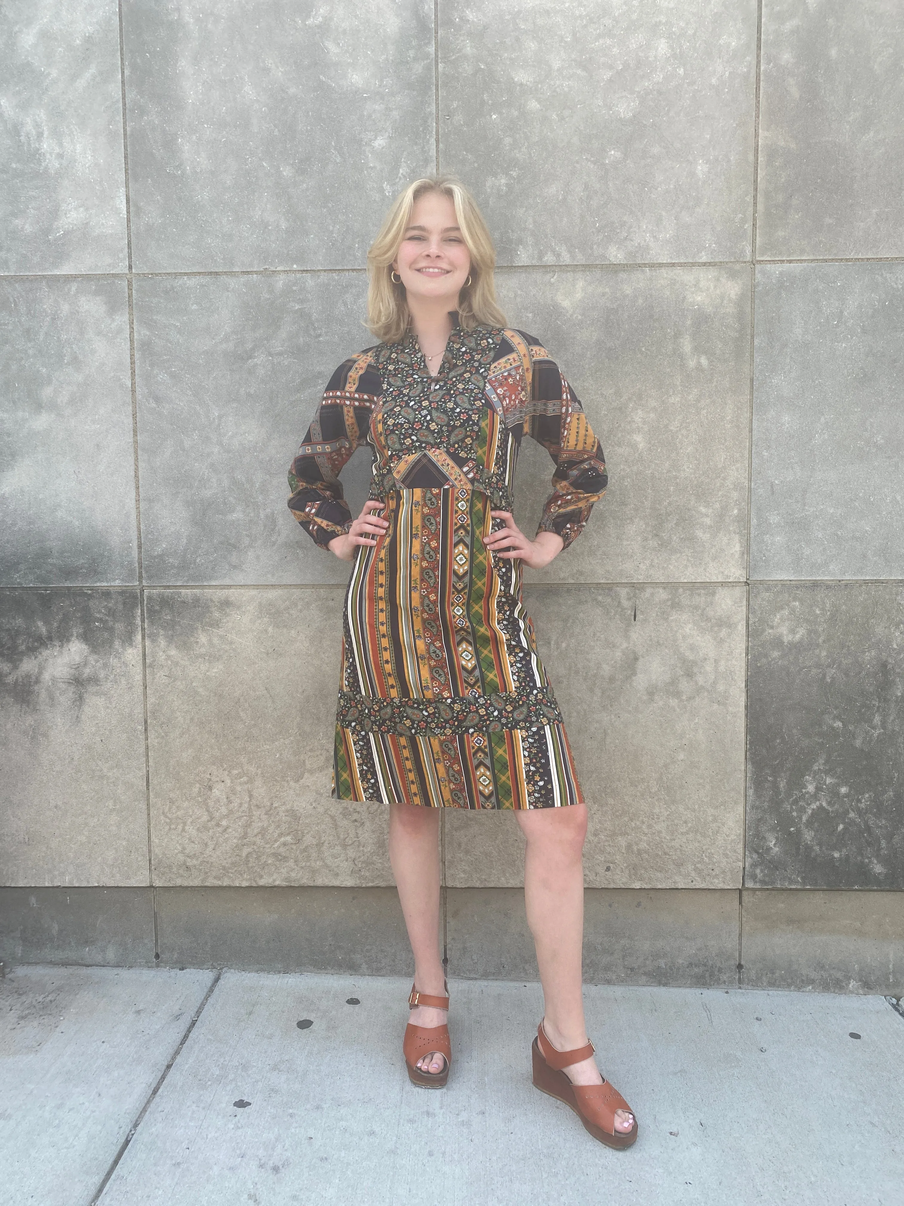 70s Brown Paisley Striped Cotton Dress, EnC Jr.