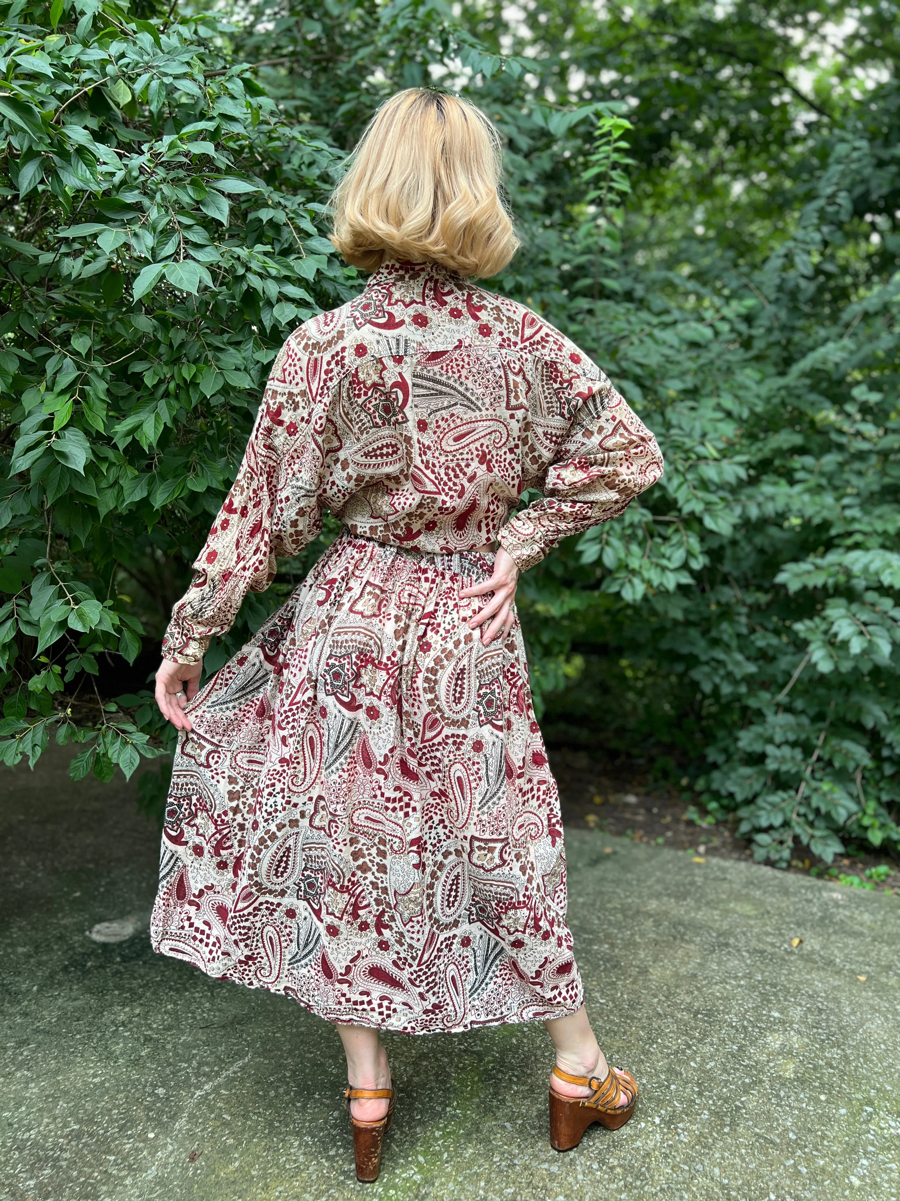 70s Brown White Paisley Indian Print Cotton Top and Skirt Set, Chandni