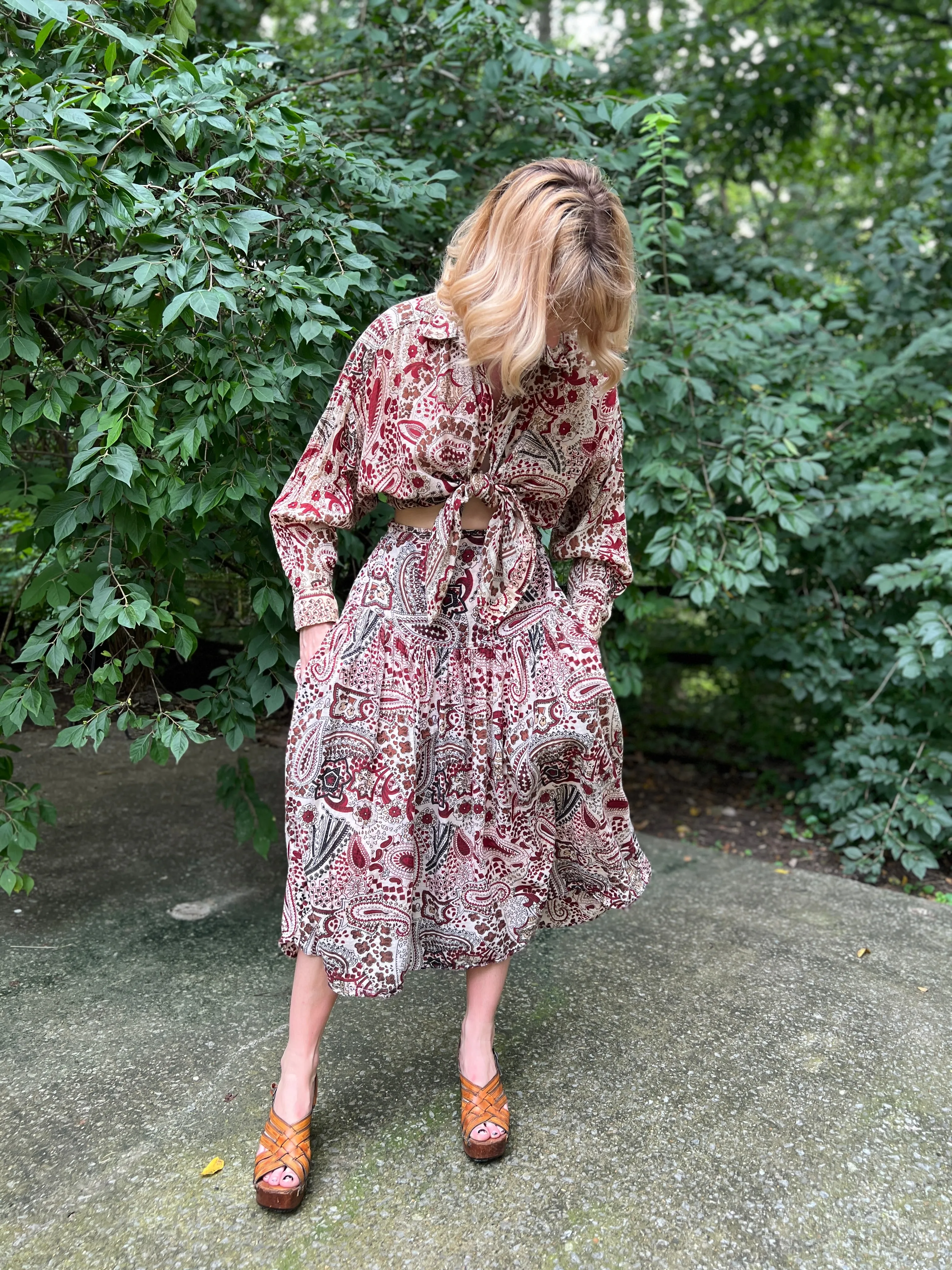 70s Brown White Paisley Indian Print Cotton Top and Skirt Set, Chandni