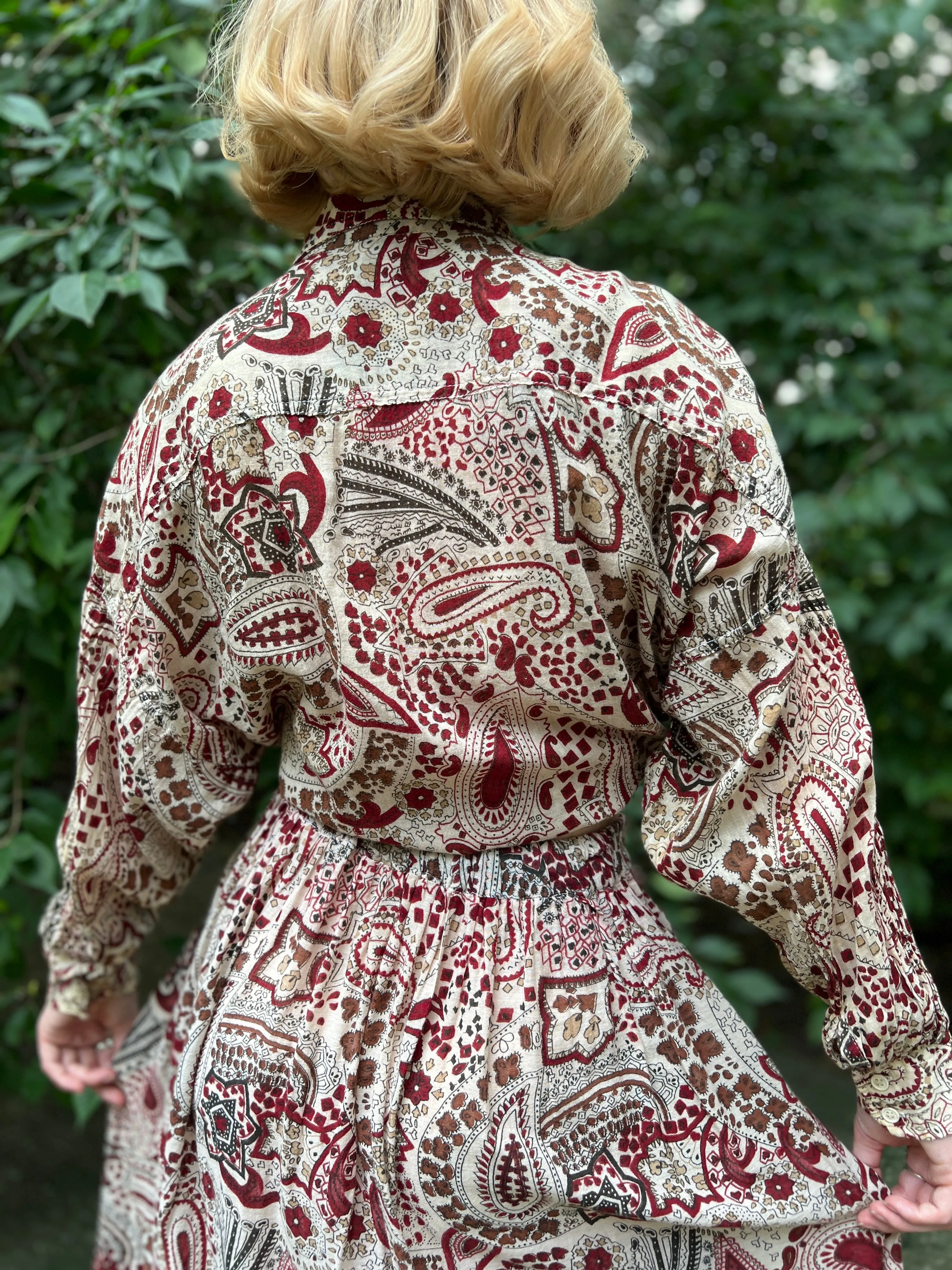 70s Brown White Paisley Indian Print Cotton Top and Skirt Set, Chandni