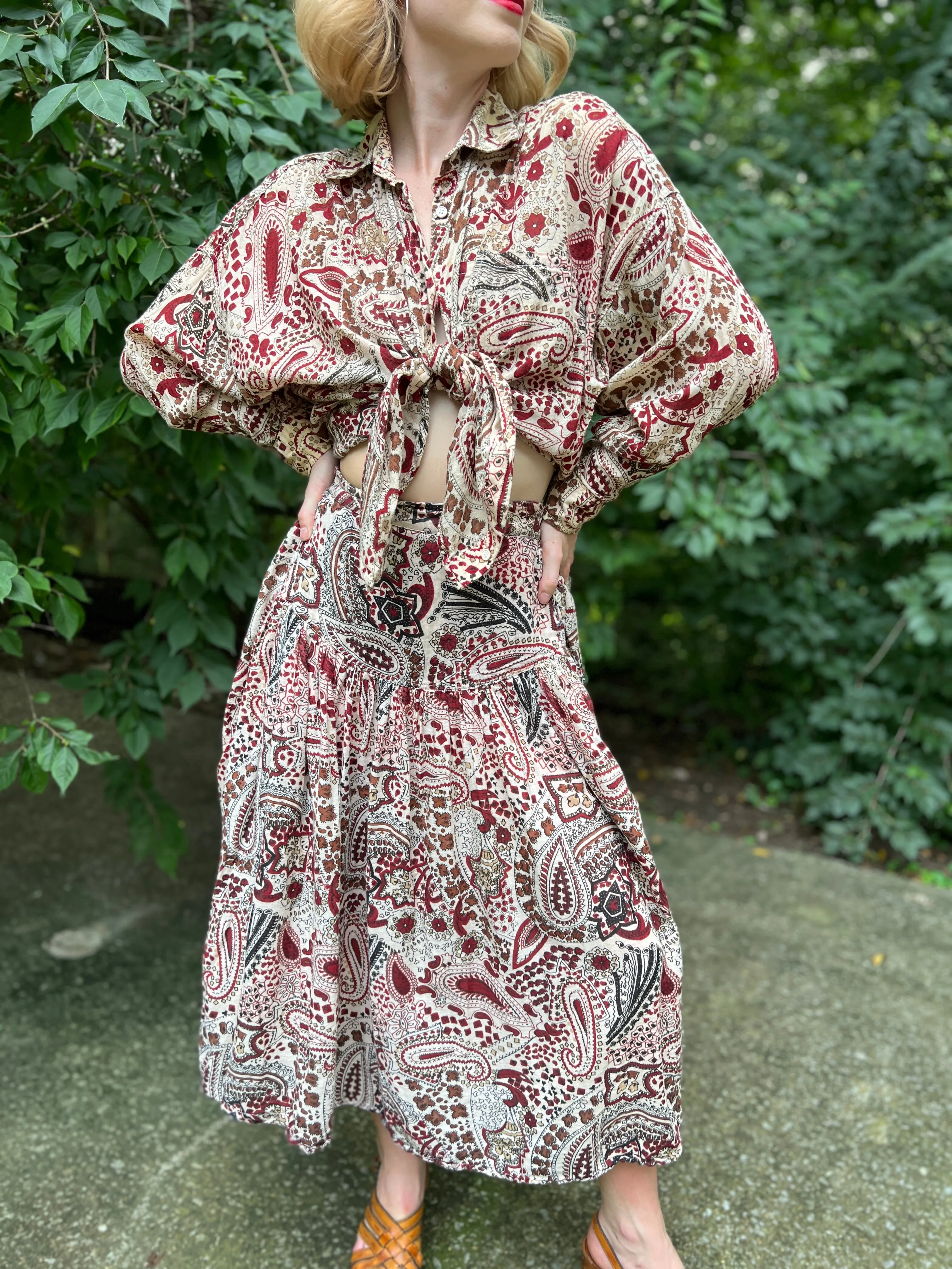 70s Brown White Paisley Indian Print Cotton Top and Skirt Set, Chandni