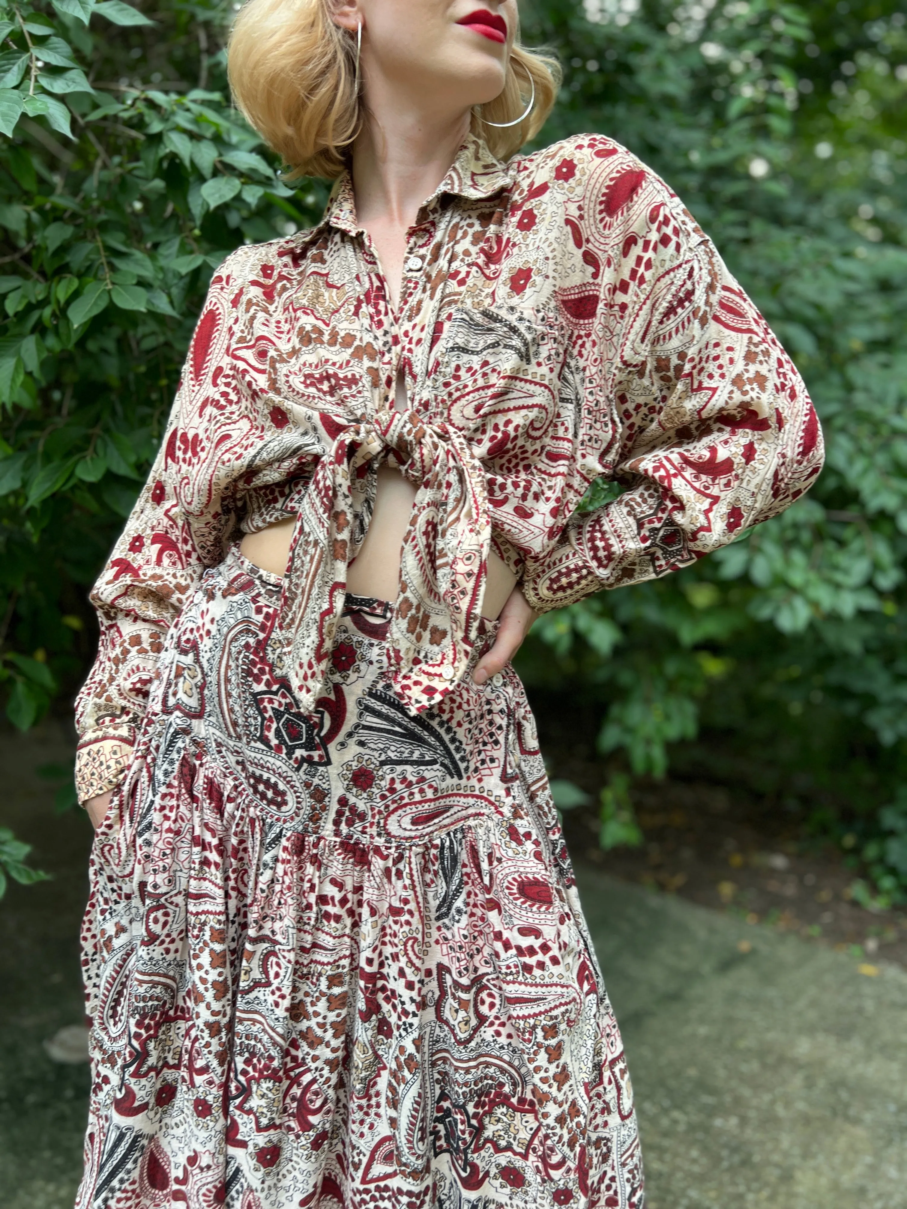 70s Brown White Paisley Indian Print Cotton Top and Skirt Set, Chandni
