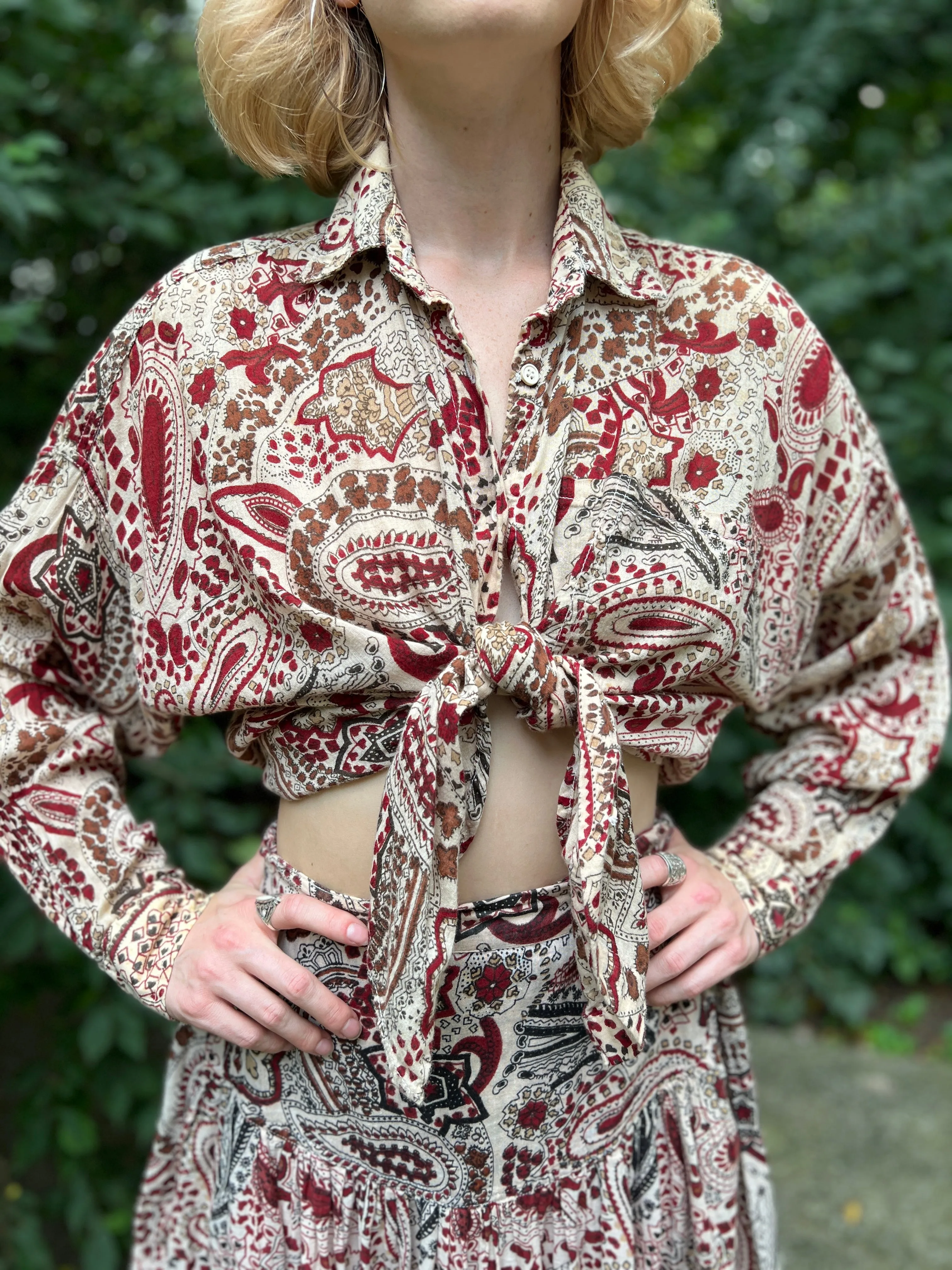 70s Brown White Paisley Indian Print Cotton Top and Skirt Set, Chandni