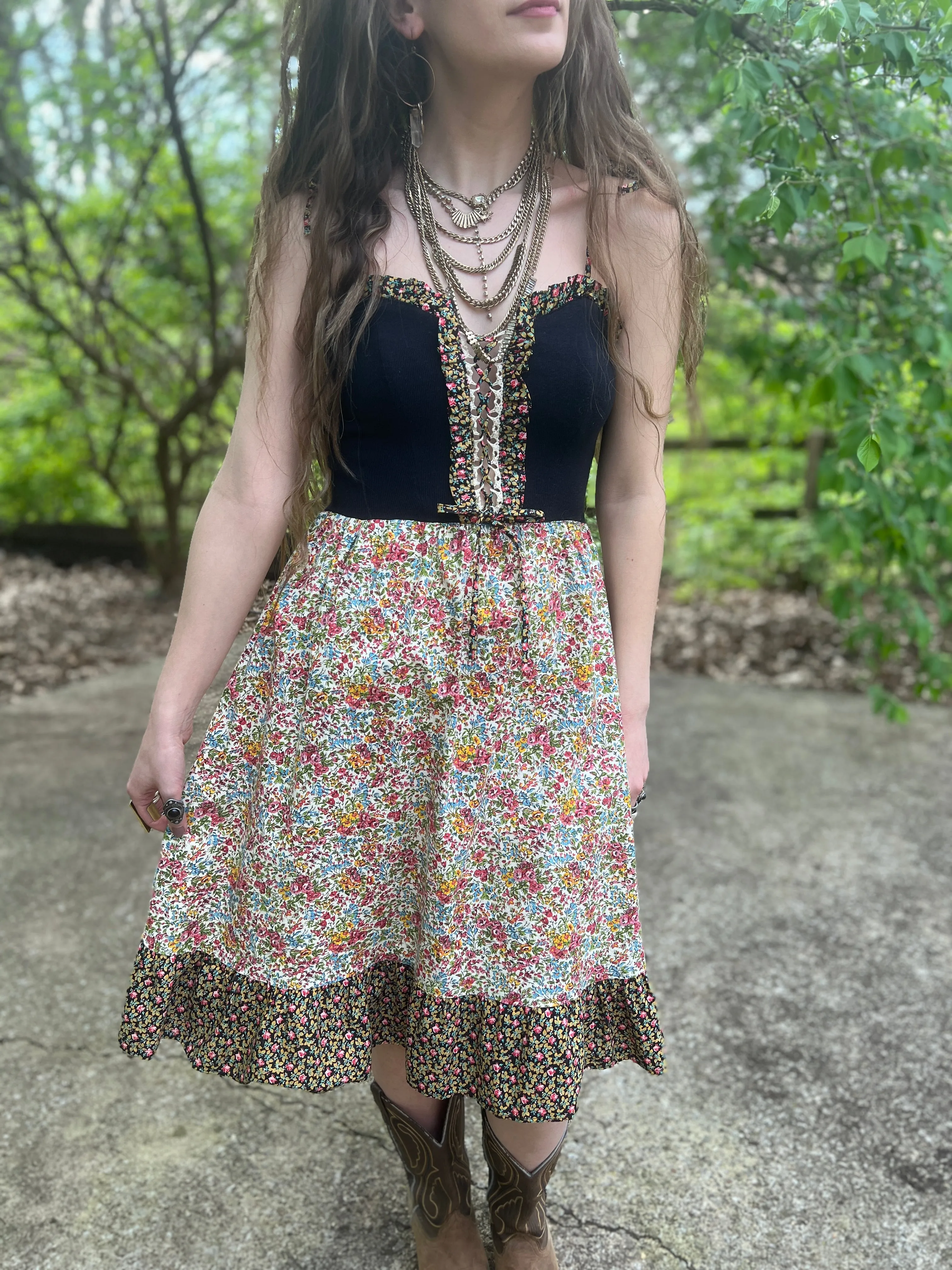 70s Pink Blue Cotton Floral Prairie Sundress