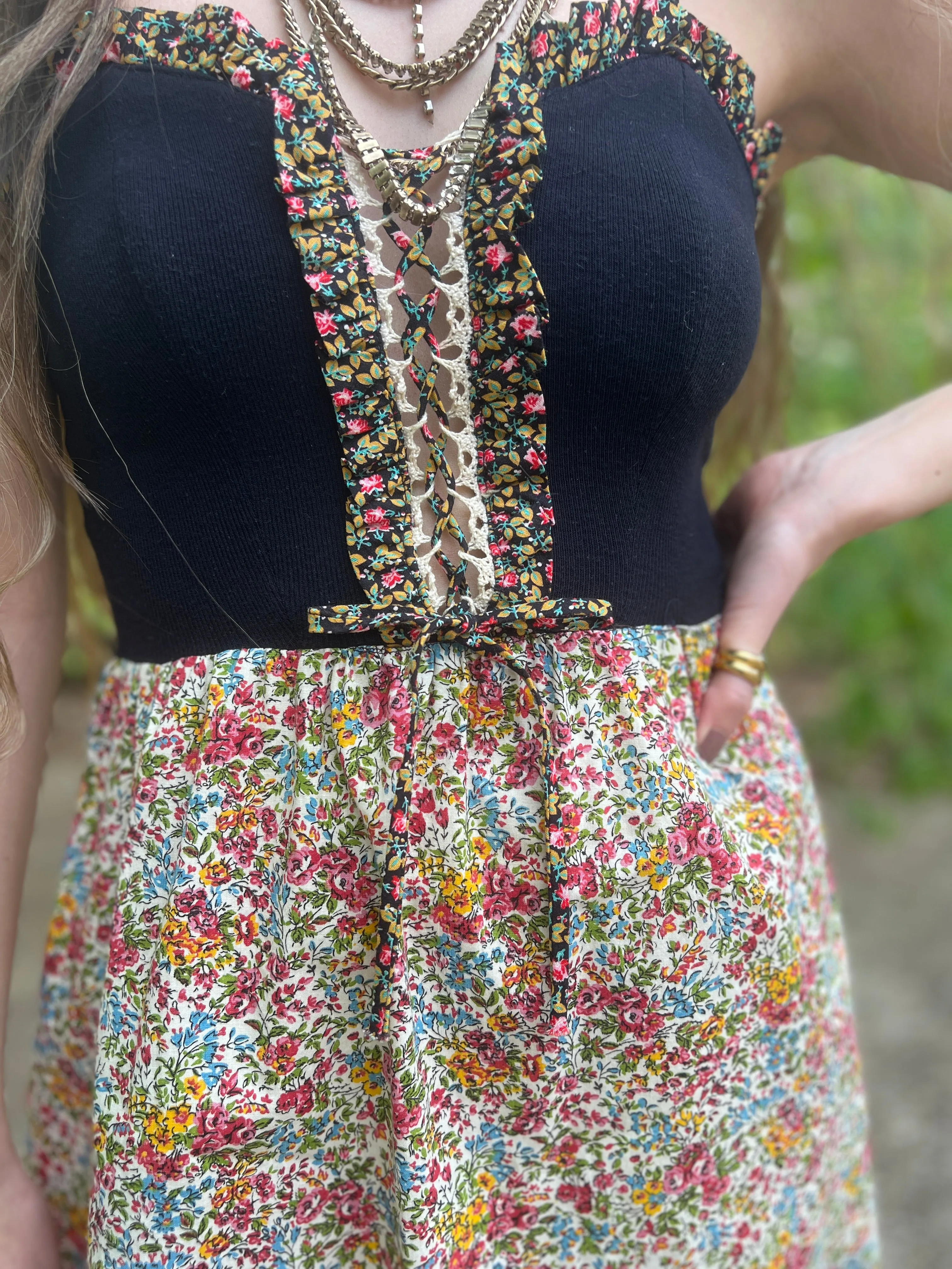 70s Pink Blue Cotton Floral Prairie Sundress