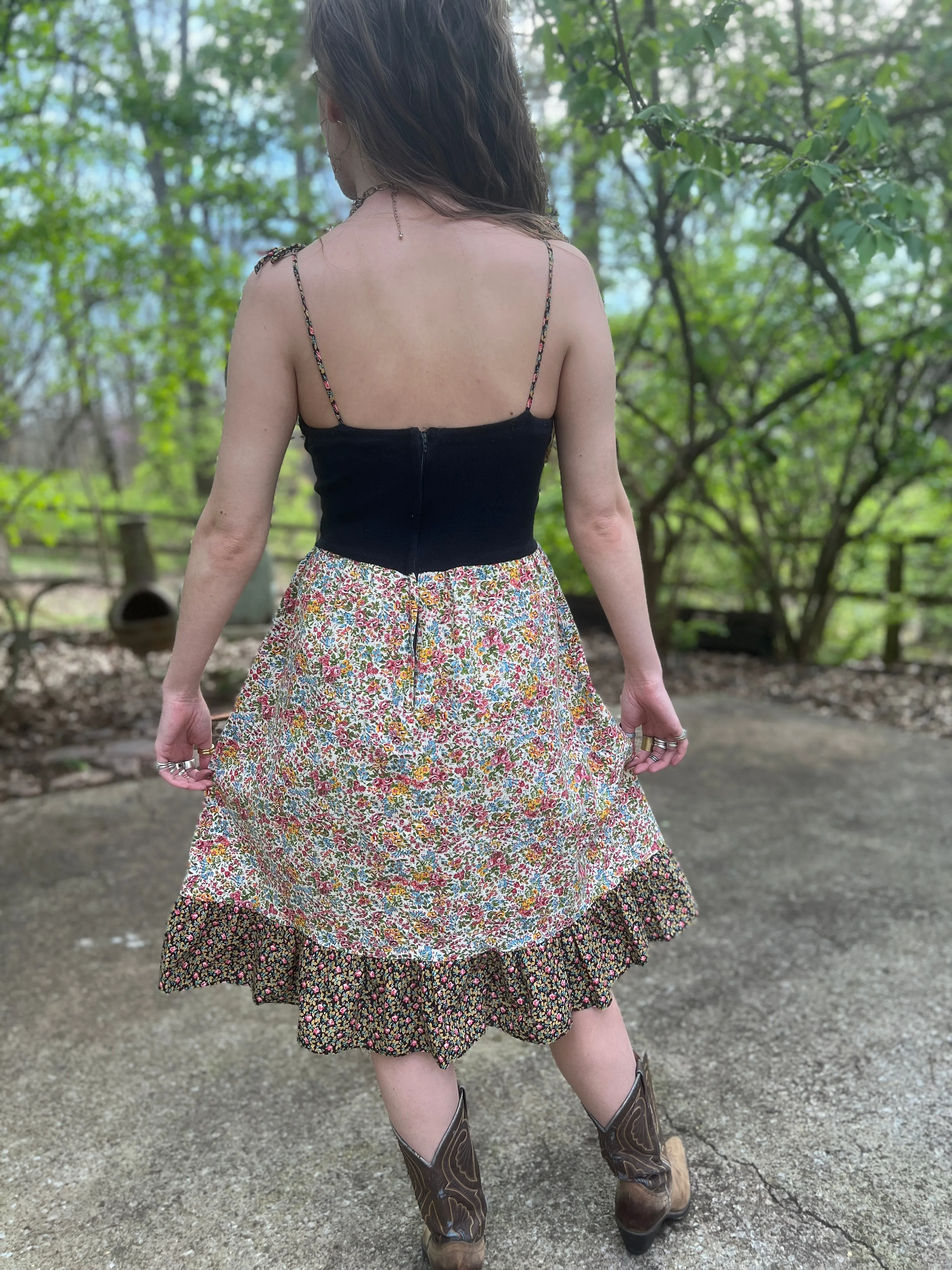 70s Pink Blue Cotton Floral Prairie Sundress