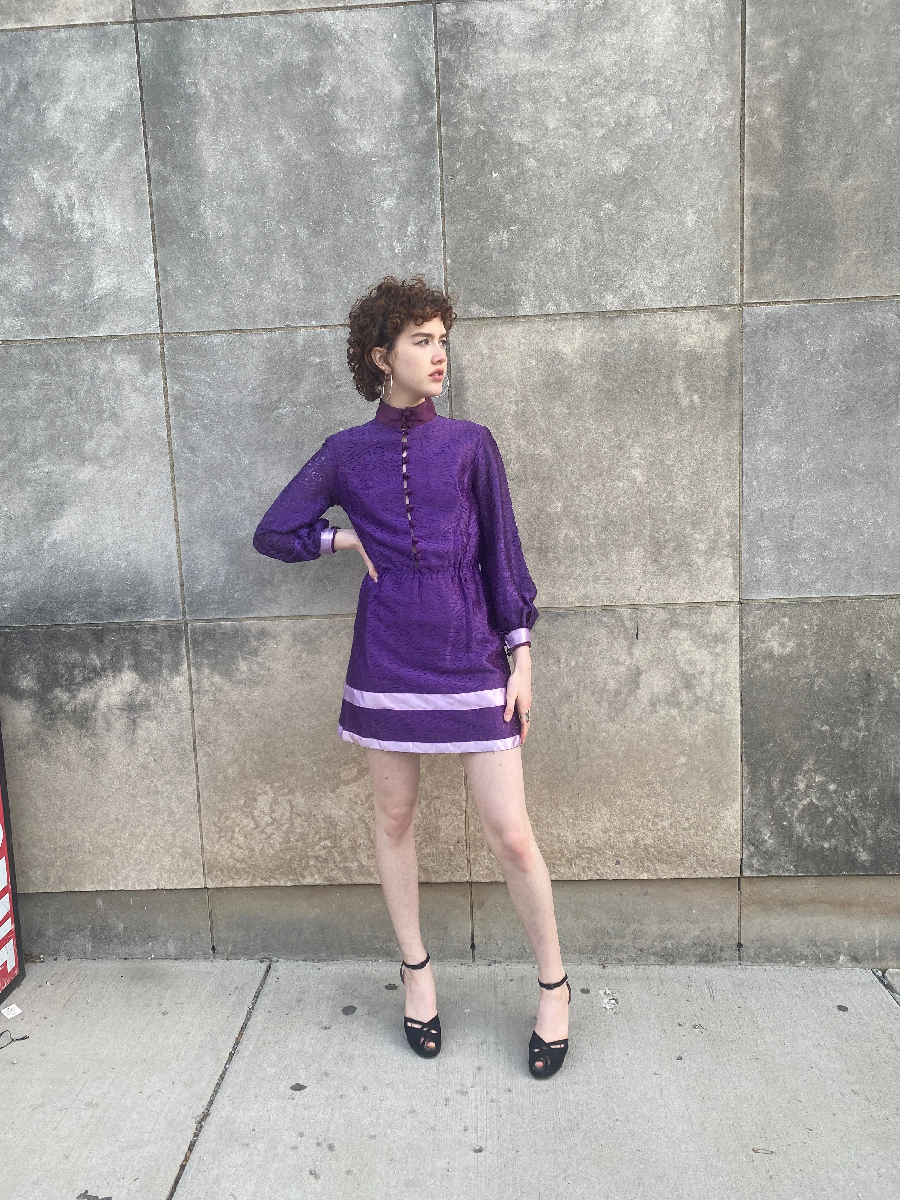 70s Purple Lace Mini Dress, High Neck Collar