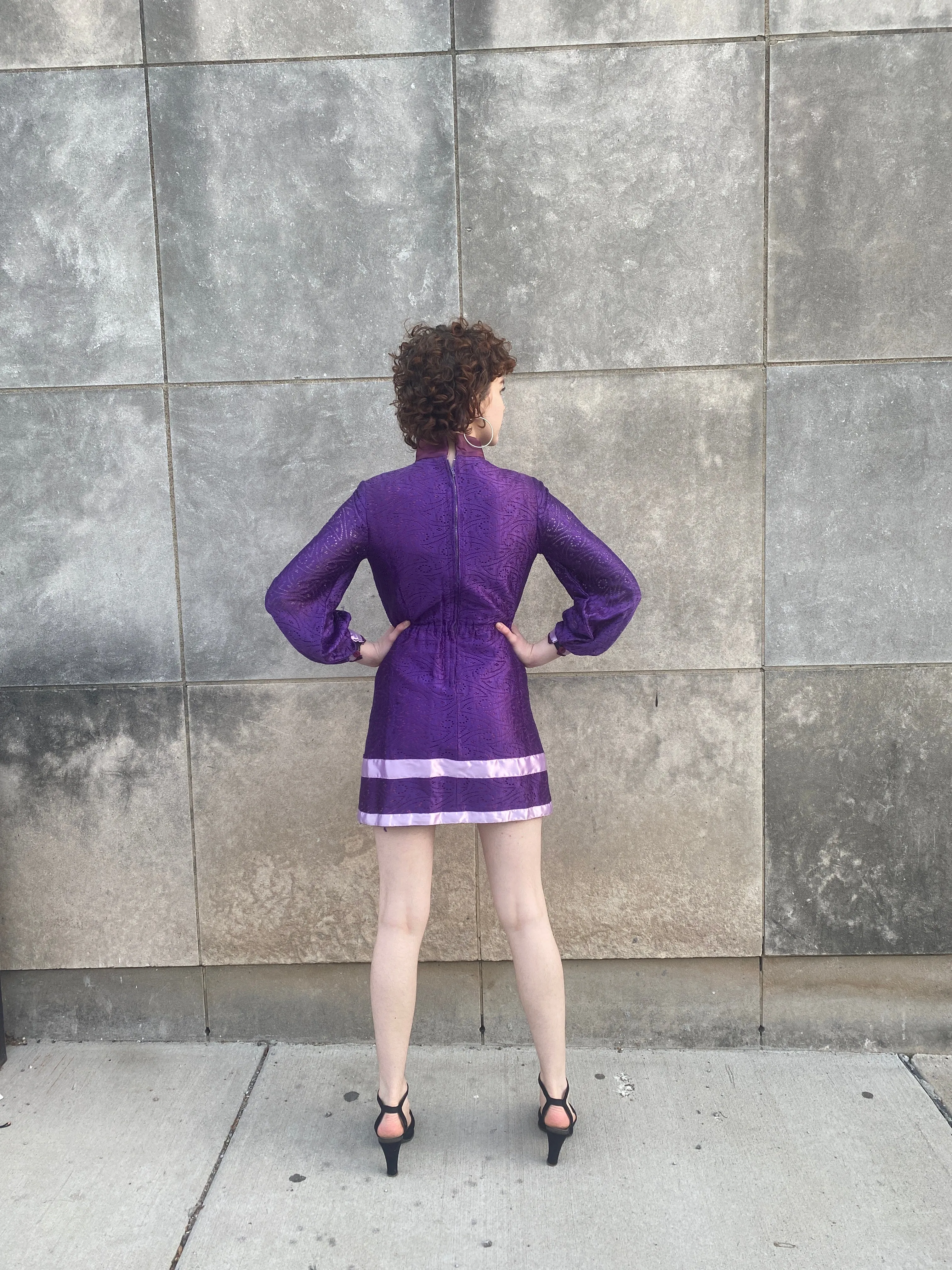 70s Purple Lace Mini Dress, High Neck Collar
