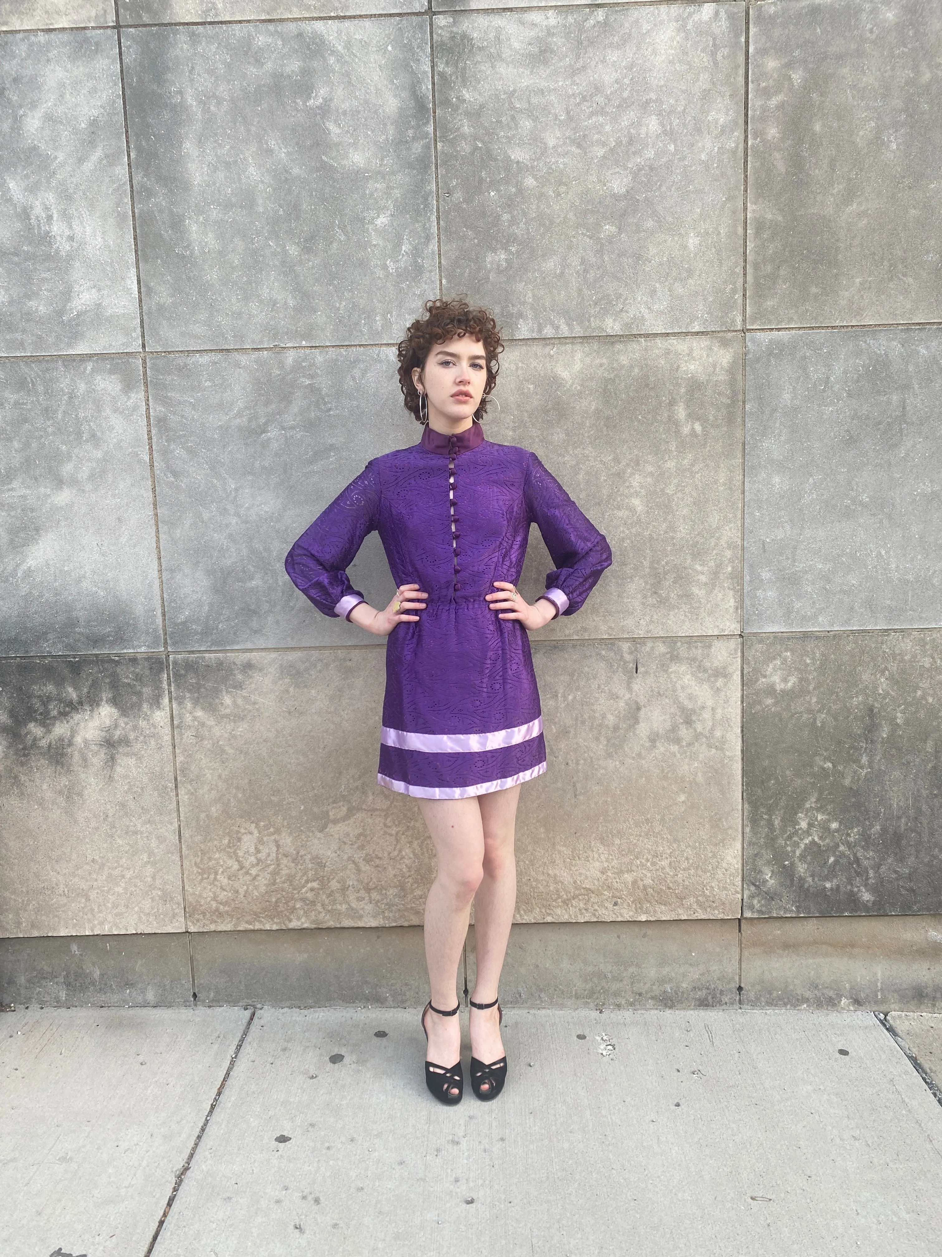 70s Purple Lace Mini Dress, High Neck Collar