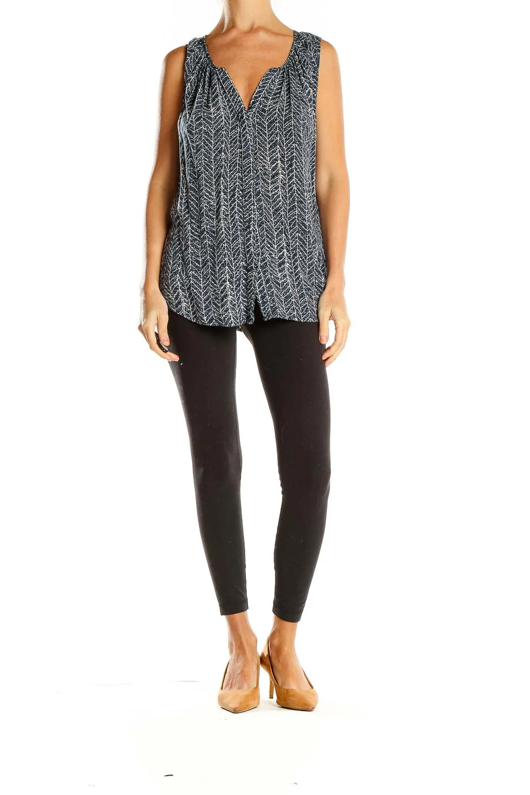 Black Herringbone Print Sleeveless Blouse