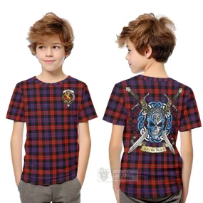 Brown (Broun) Tartan Kid T-Shirt with Family Crest Celtic Skull Style