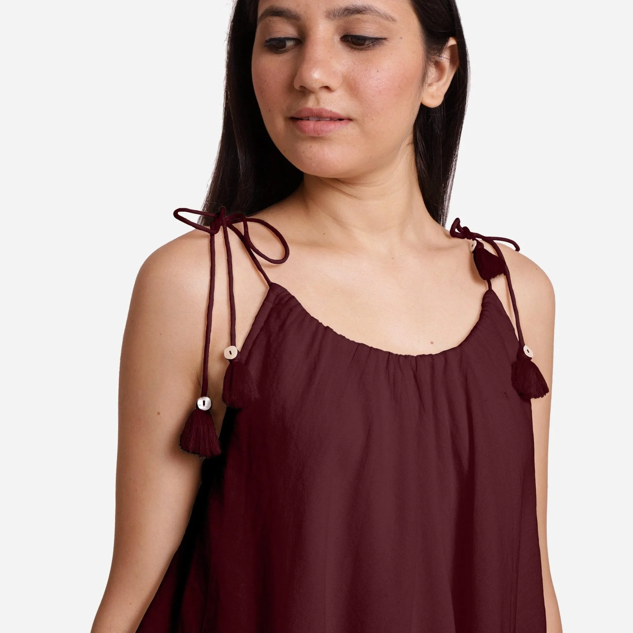 Burgundy 100% Cotton Tie-Up Shoulder Tier Mini Dress