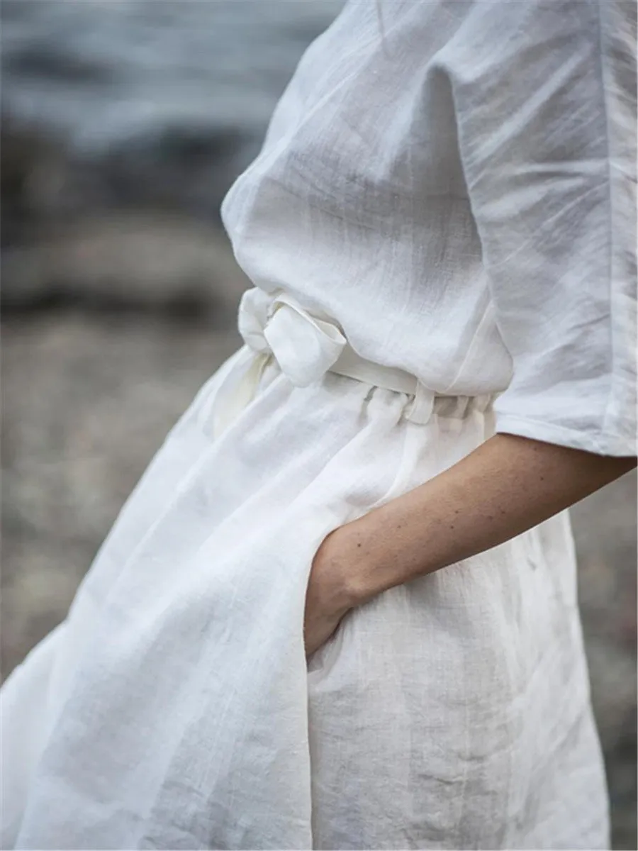 Casual Simple Pure Cotton Linen Midi Dresses