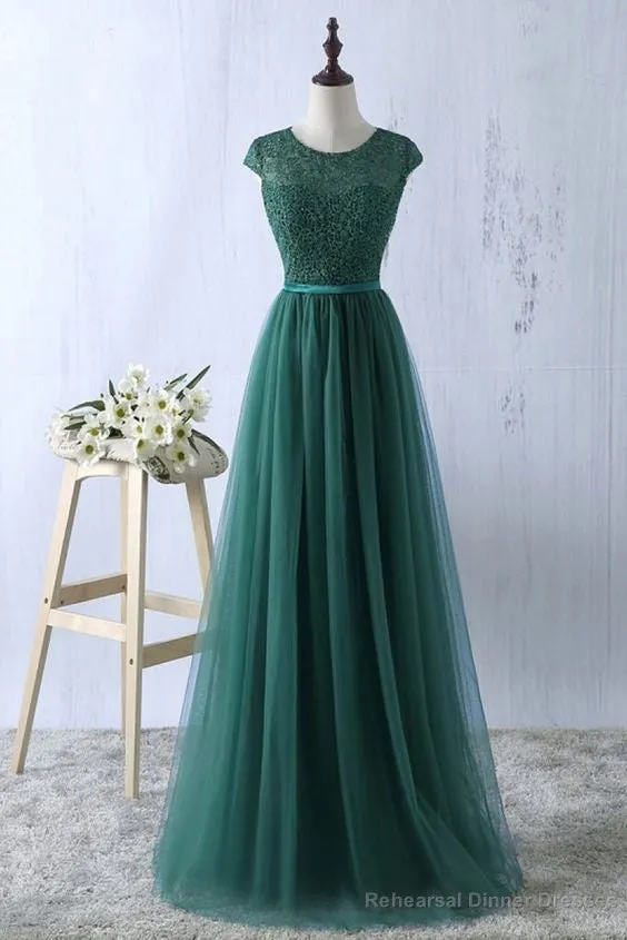 Green tulle lace top round neck long evening dresses ,simple formal dress