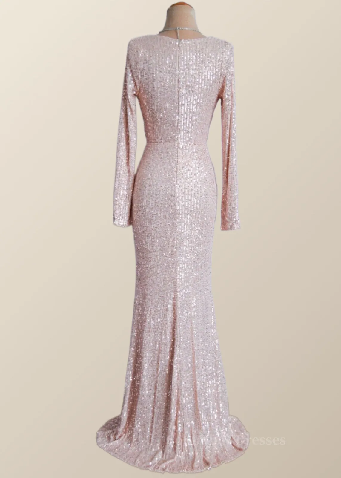 Long Sleeves Champagne Sequin Cowl Neck Dress