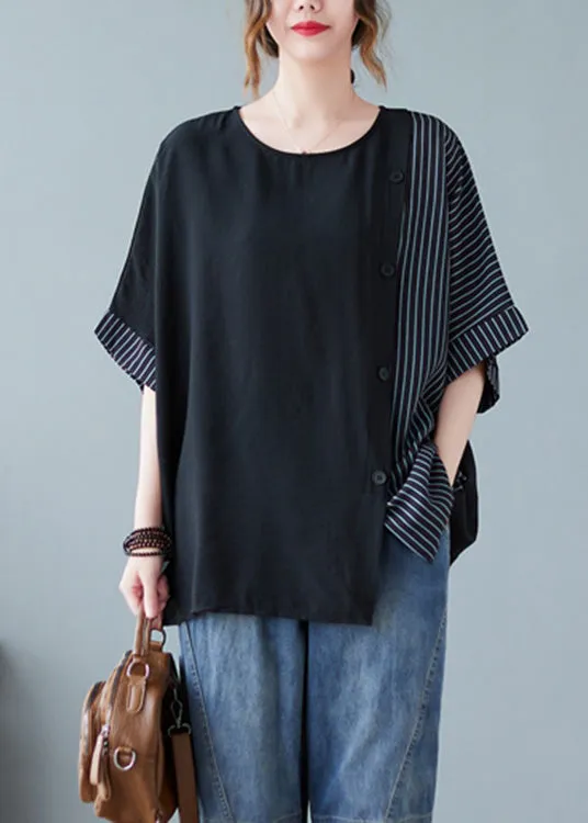 Novelty Black O-Neck Striped Patchwork Button Cotton T Shirts Half Sleeve AC2052
