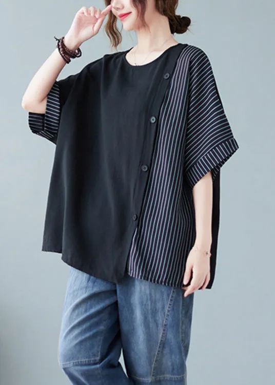Novelty Black O-Neck Striped Patchwork Button Cotton T Shirts Half Sleeve AC2052