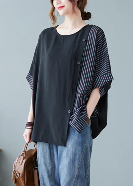 Novelty Black O-Neck Striped Patchwork Button Cotton T Shirts Half Sleeve AC2052