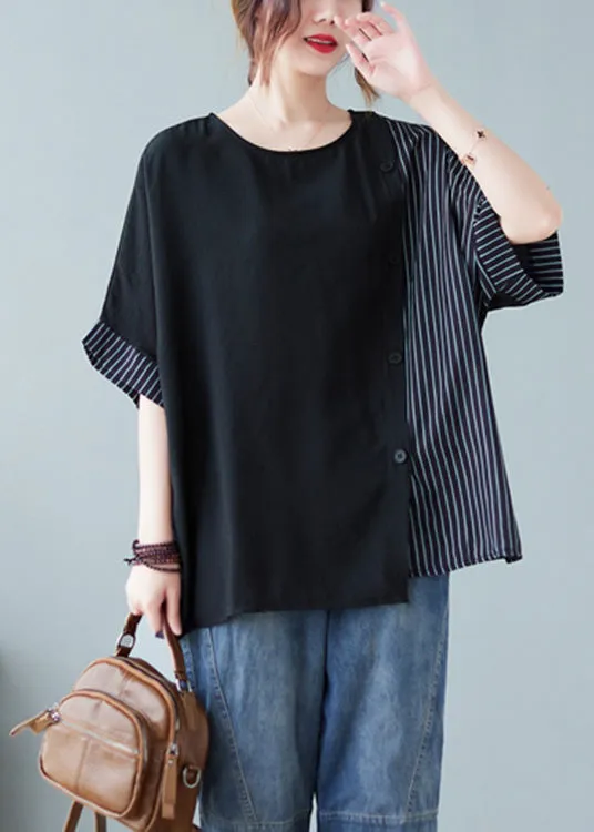 Novelty Black O-Neck Striped Patchwork Button Cotton T Shirts Half Sleeve AC2052