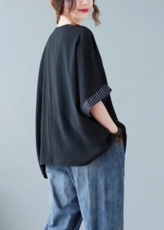 Novelty Black O-Neck Striped Patchwork Button Cotton T Shirts Half Sleeve AC2052