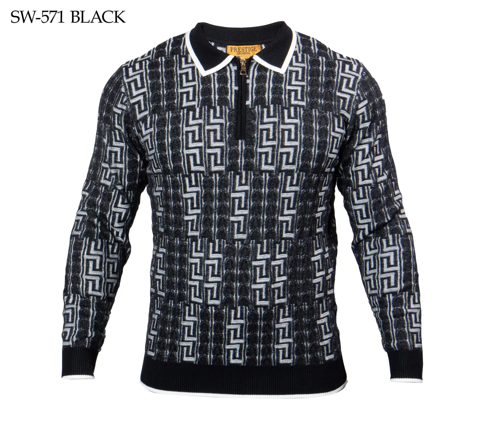 Prestige Black and White Men's Polo Sweater with zipper SW-571