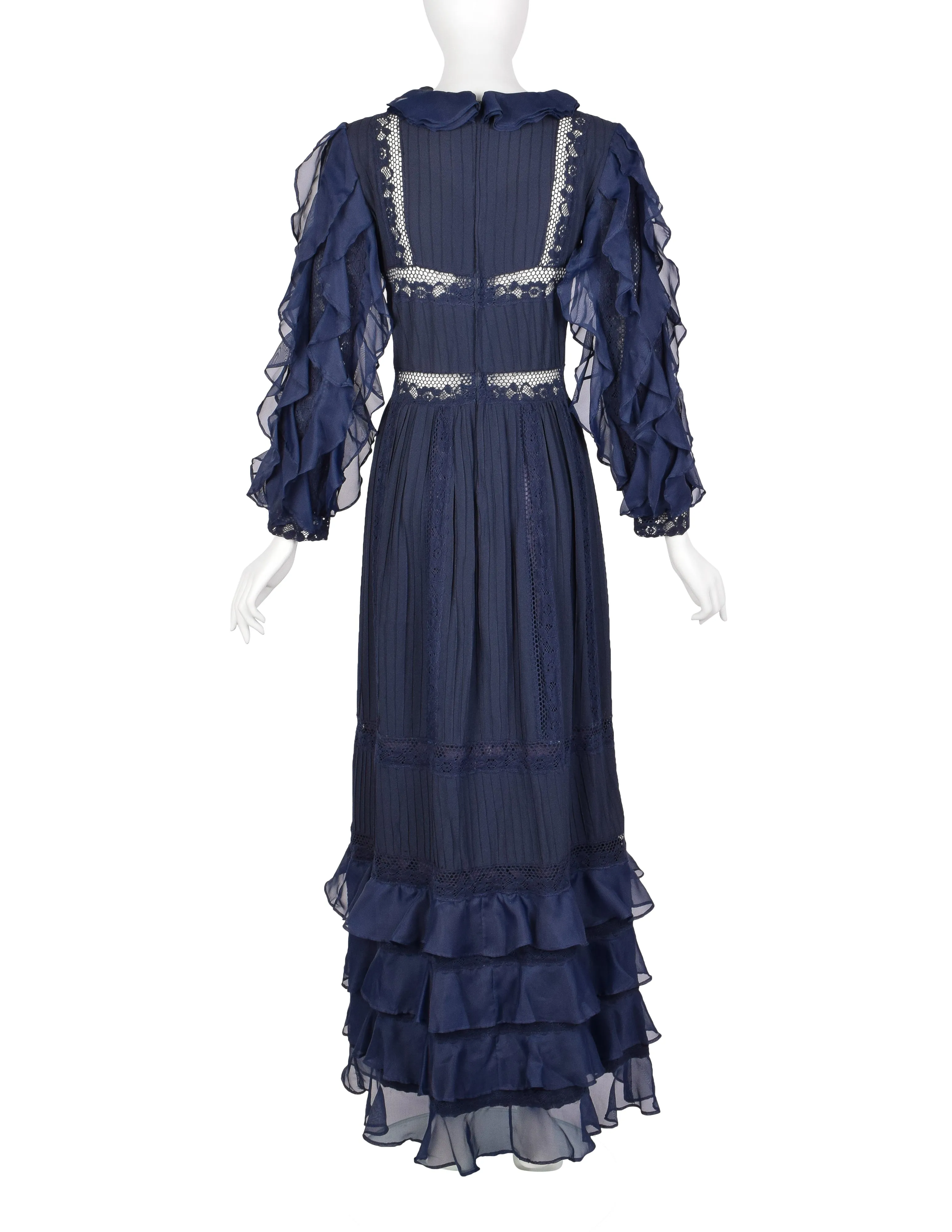 Salina De Costa Vintage 1960s Navy Blue Lace Pintucked Ruffle Gown