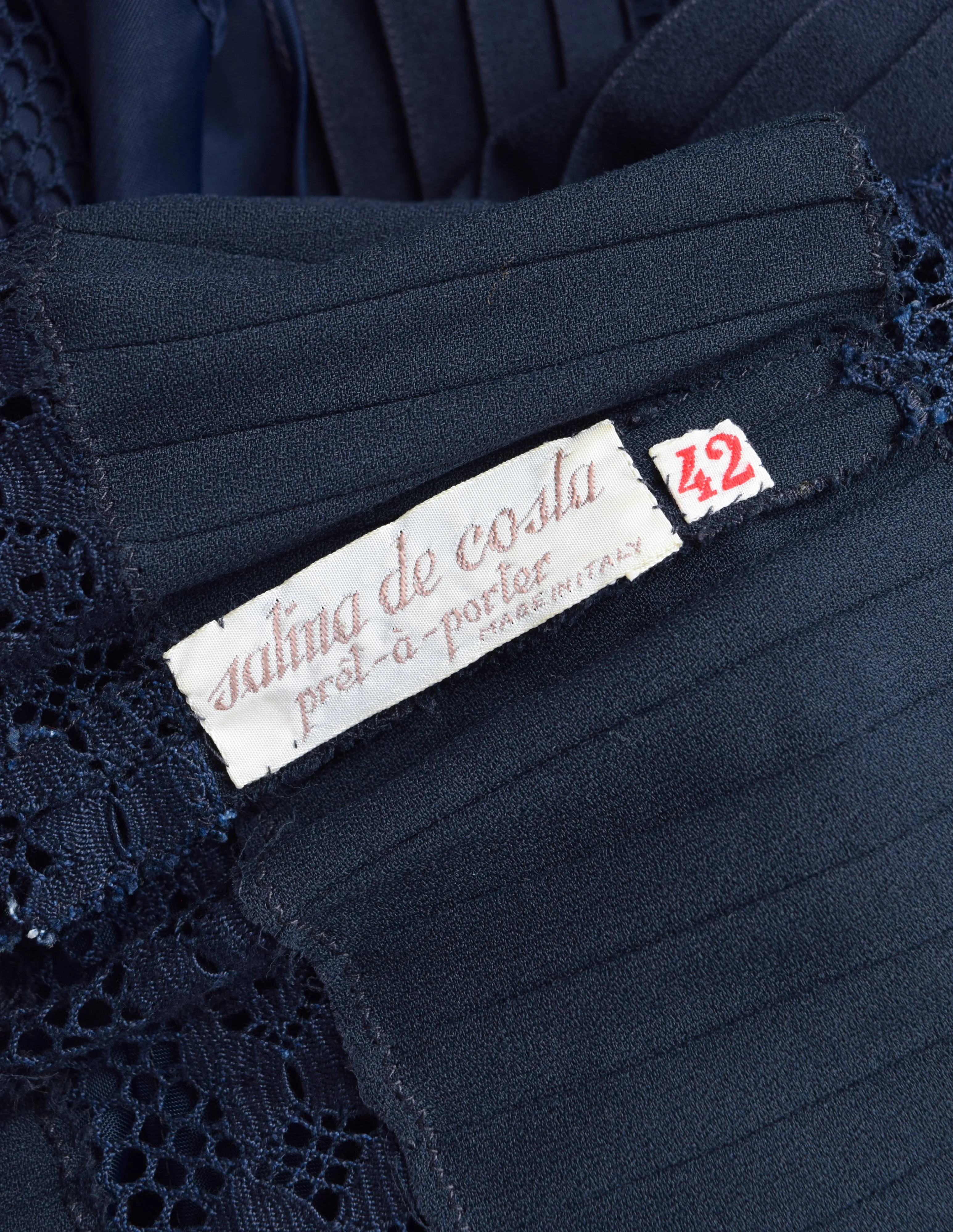Salina De Costa Vintage 1960s Navy Blue Lace Pintucked Ruffle Gown