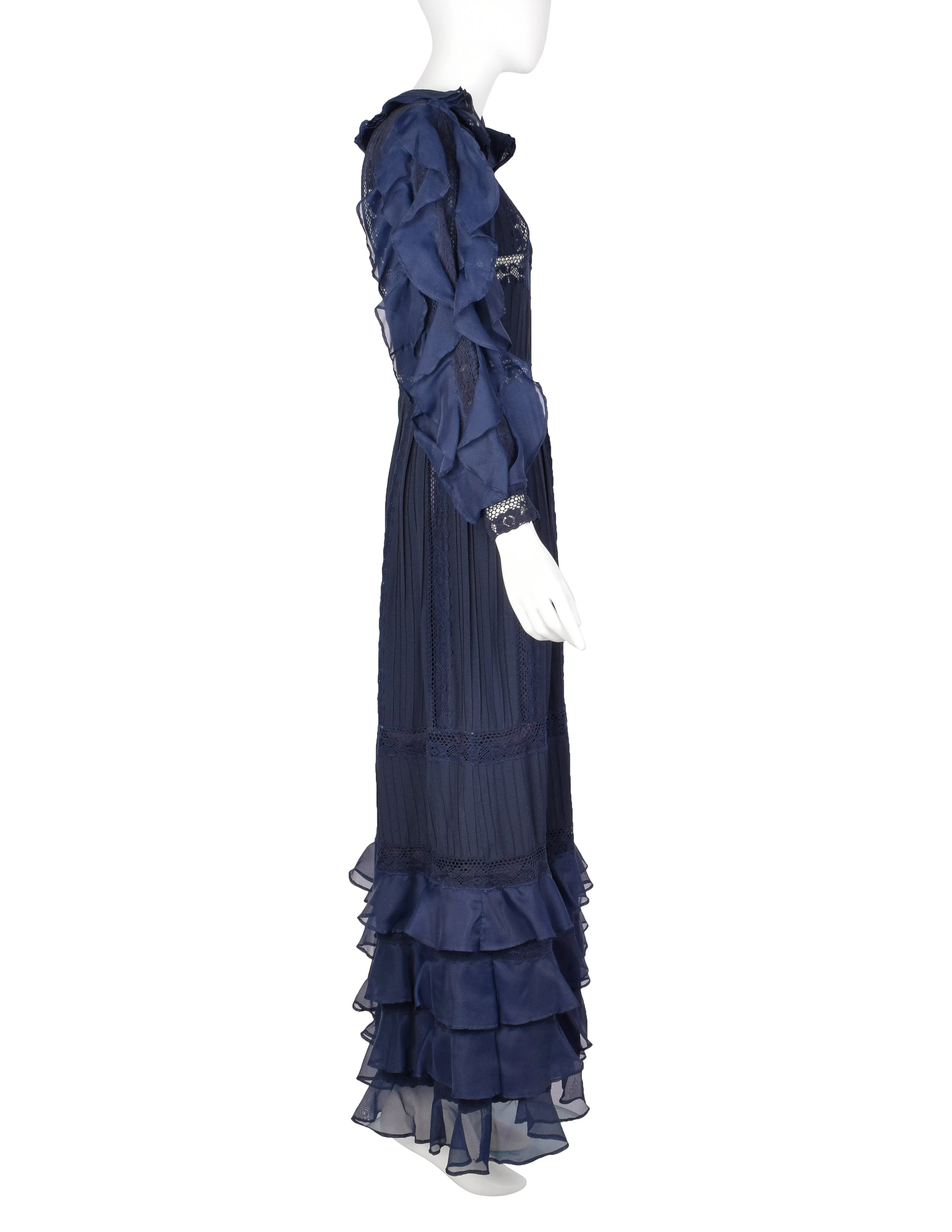Salina De Costa Vintage 1960s Navy Blue Lace Pintucked Ruffle Gown