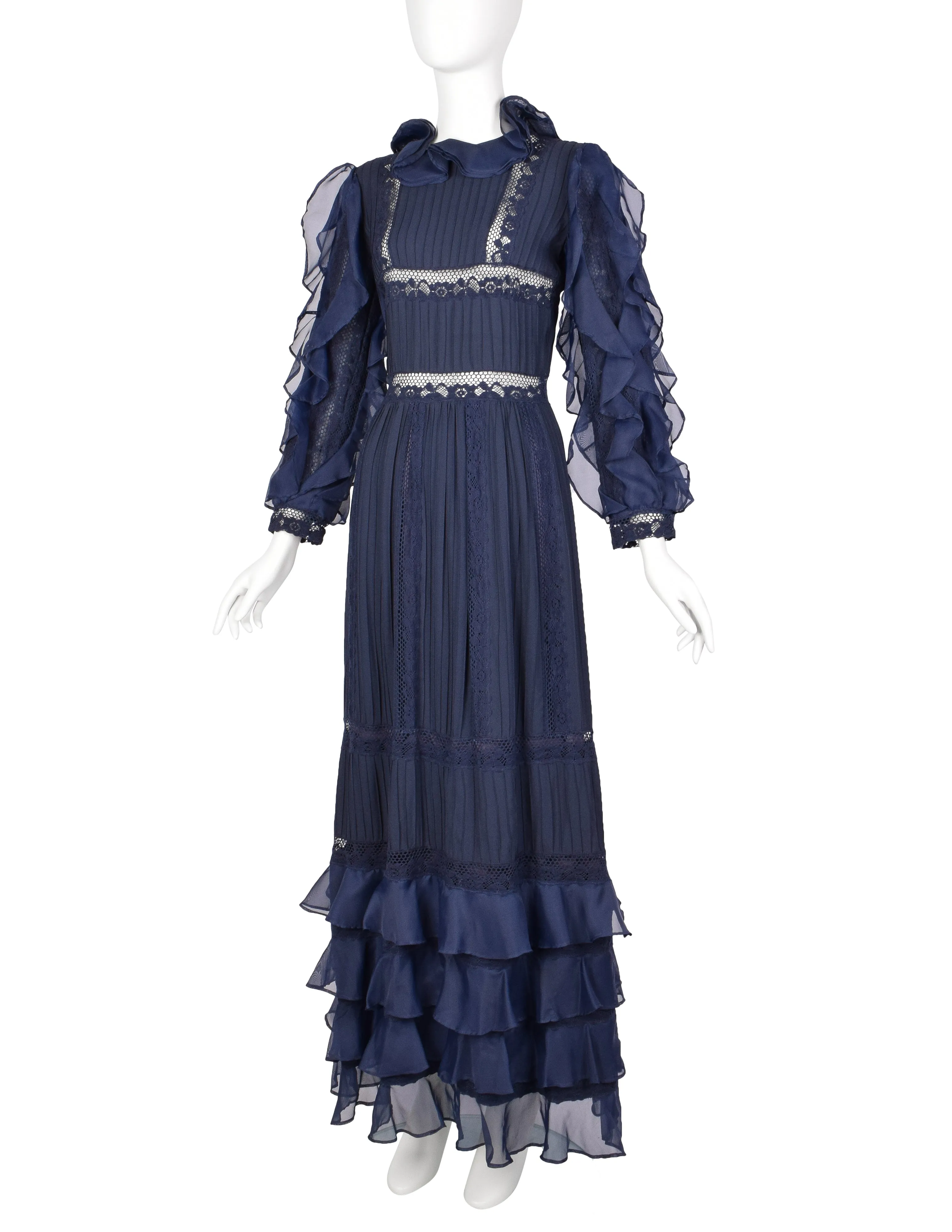 Salina De Costa Vintage 1960s Navy Blue Lace Pintucked Ruffle Gown