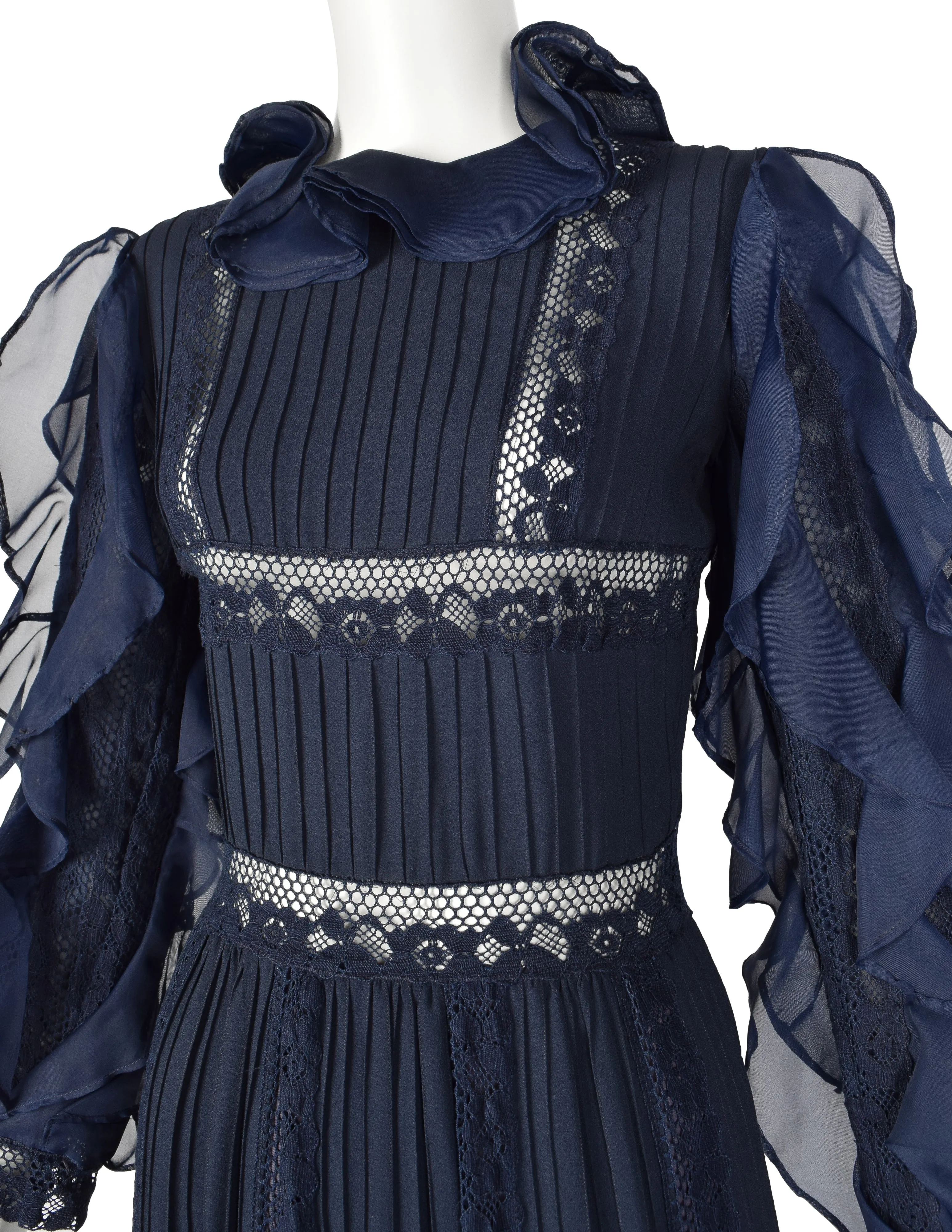 Salina De Costa Vintage 1960s Navy Blue Lace Pintucked Ruffle Gown