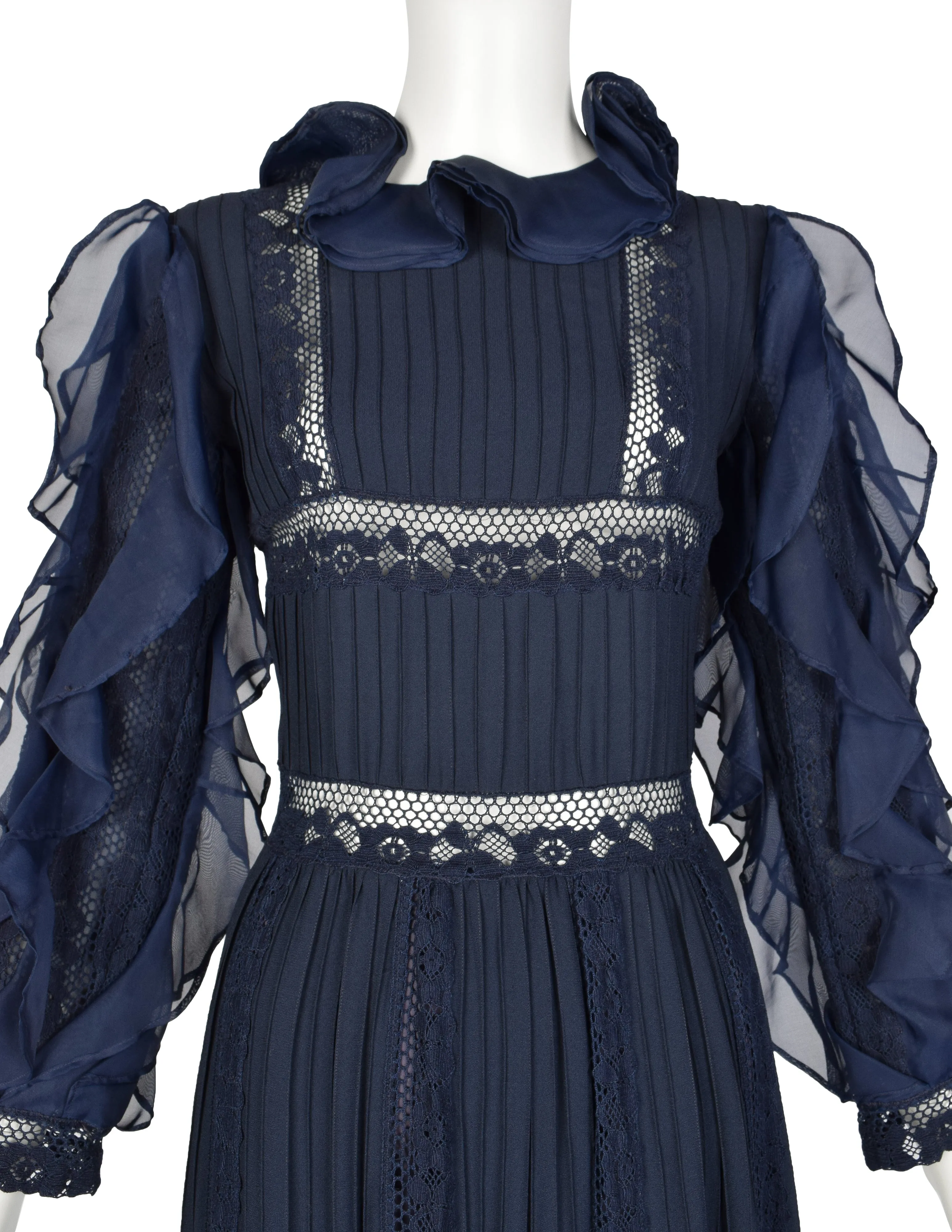 Salina De Costa Vintage 1960s Navy Blue Lace Pintucked Ruffle Gown