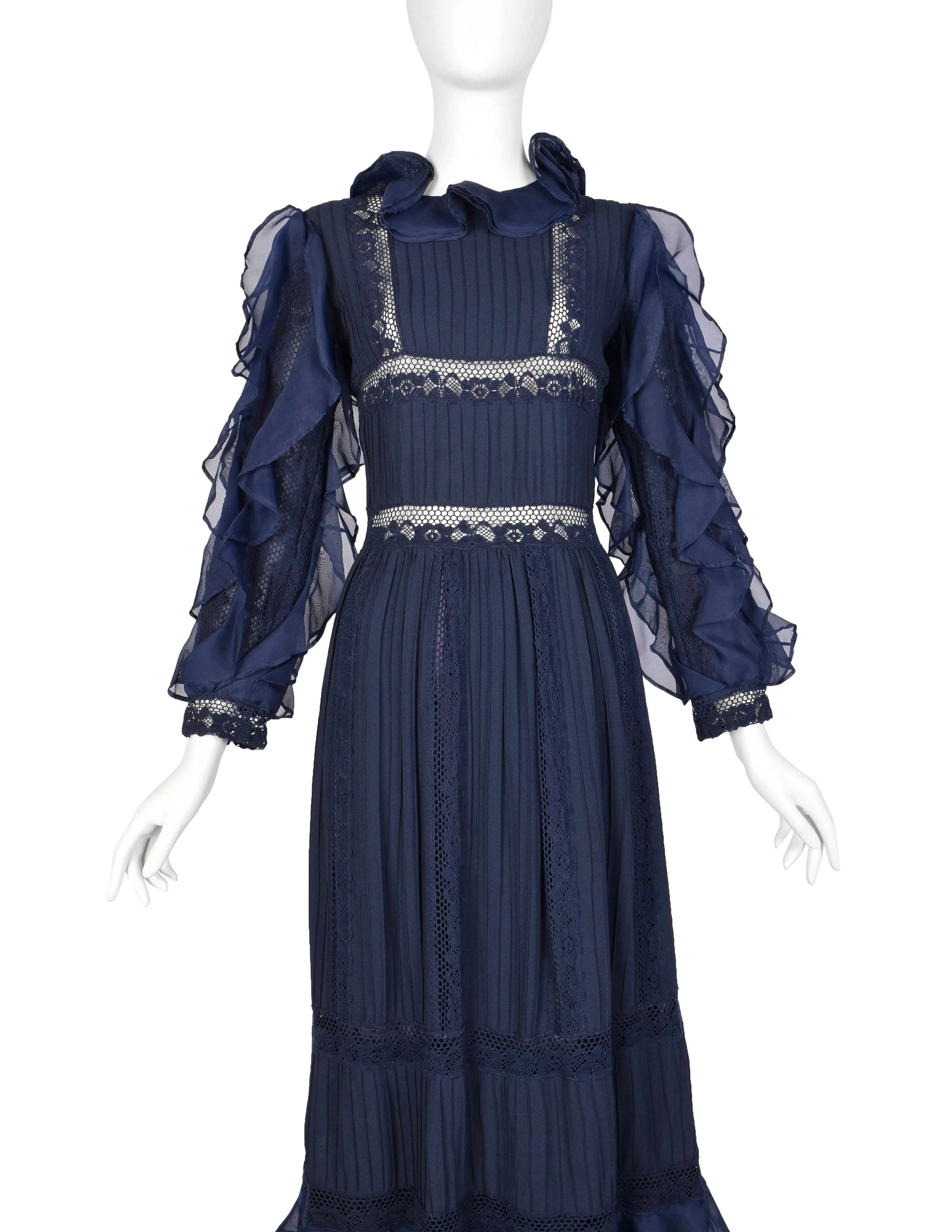 Salina De Costa Vintage 1960s Navy Blue Lace Pintucked Ruffle Gown